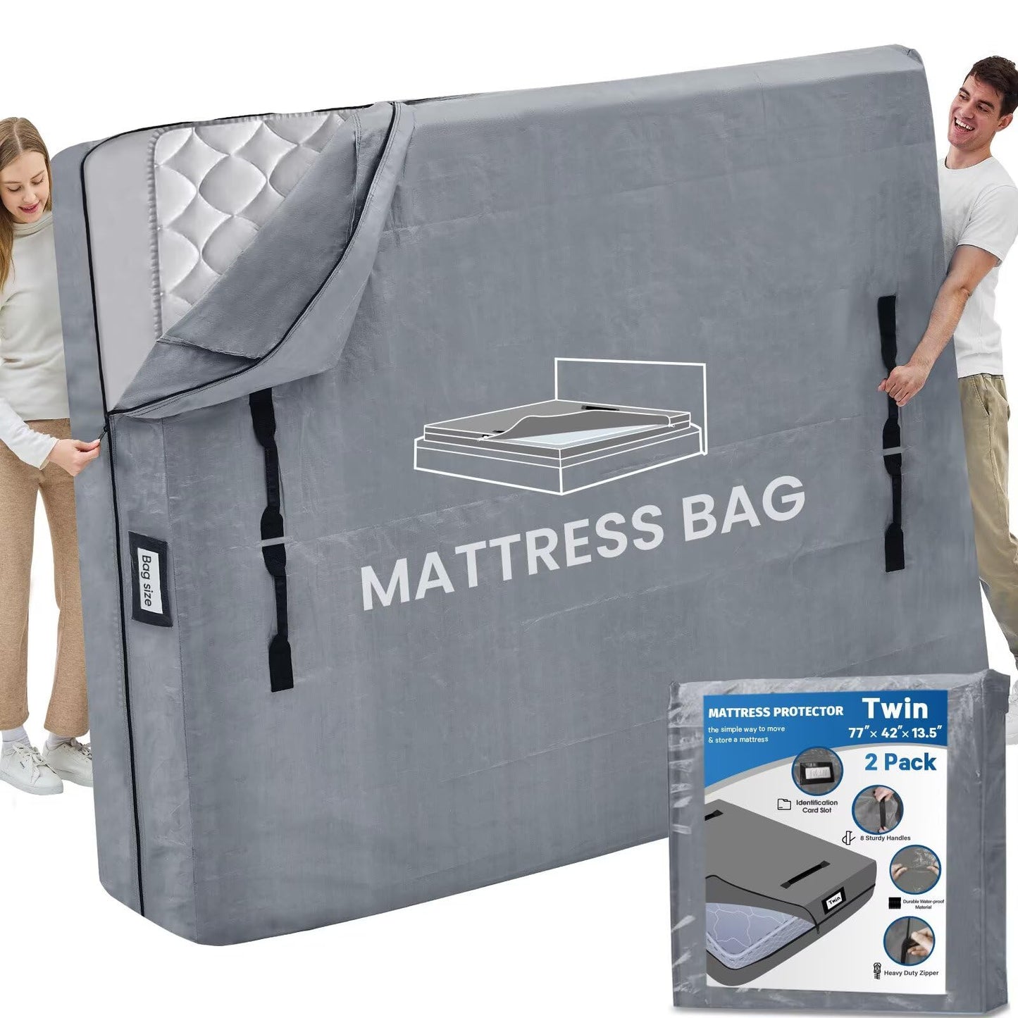 Mattress Bags for Moving and Storage, BETU Twin Mattress Protector Waterproof Mattress Cover with 8 Heavy Duty Handles and Zipper Extra Thick Moving Supplies for Dorm Bed (2 Pack:77x42x13.5 Grey)