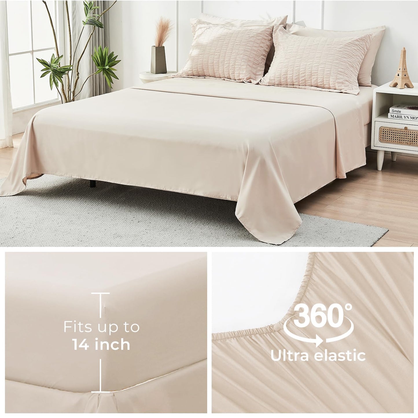 HYMOKEGE Beige Oversized Queen Comforter Set Seersucker 7 Pieces, All Season Luxury Bed in a Bag for Bedroom, Bedding Set with Comforter, Sheets, Pillowcases & Shams
