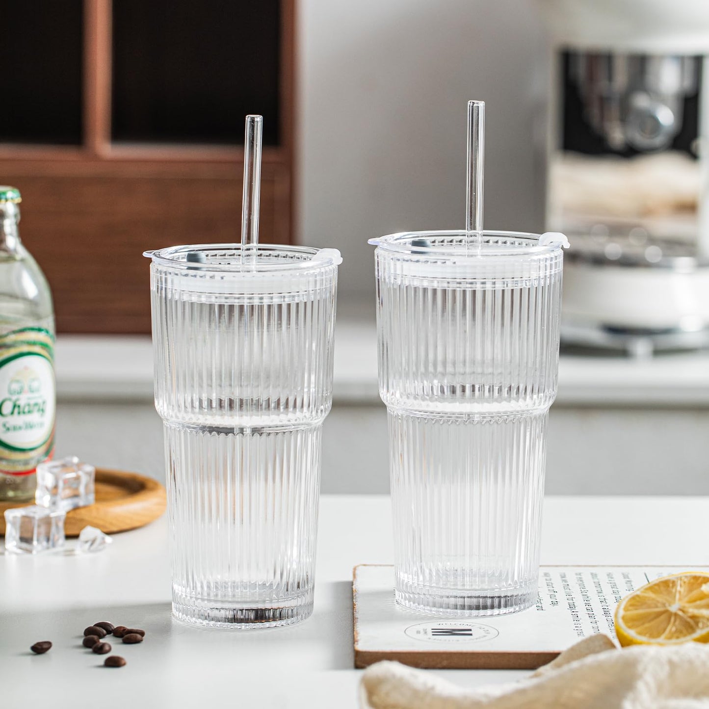 INSETLAN 20 oz Ribbed Glass Tumblers with Lids and Glass Straws – 4-Piece Glassware Set, Thickened Wall, Ideal for Iced Coffee, Smoothies, Cocktails, and Juices – Elegant and Durable Drinkware