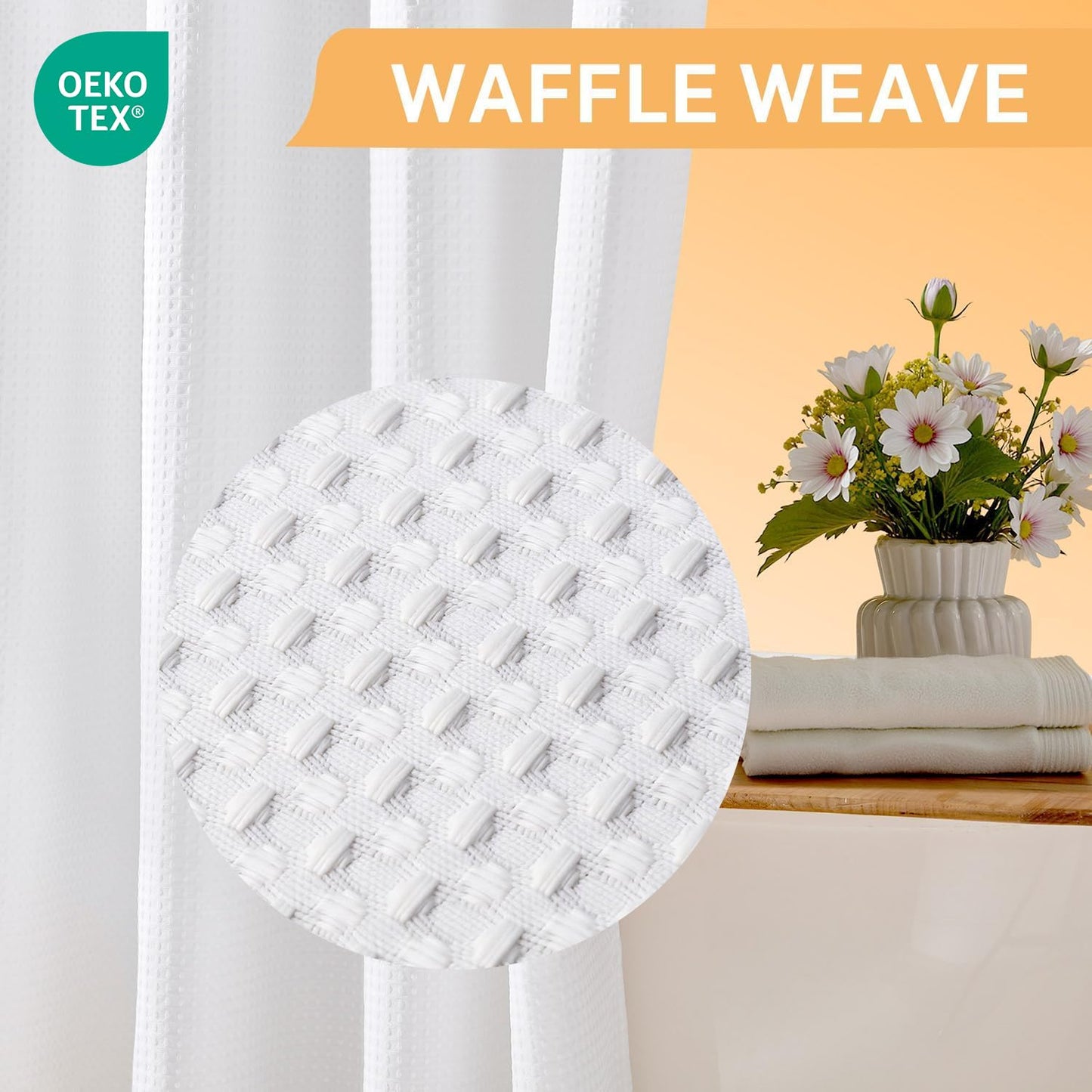 River Dream No Hooks Waffle Weave Shower Curtain with Snap in Liner + an Extra Replacement Liner，Bathroom Curtains Shower Set - 71W x 74H, Hotel Grade, Spa Like Bath Curtain, White