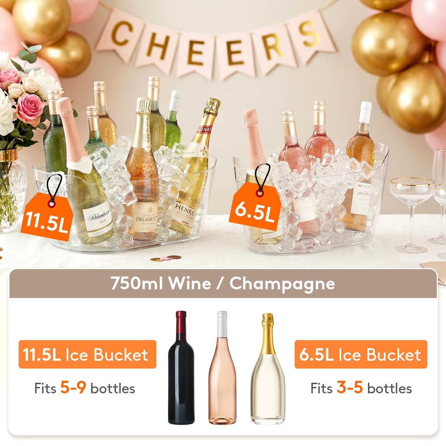 Lifewit 11.5L Ice Bucket for Parties 2 Pcs, Large Portable Drink Bucket for Cocktail Bar, Champagne Cooler for Beverage/Wine/Beer, Mimosa Bar Supplies Chiller Tub with Scoop 38 x18x20 cm/15x7x8 inches