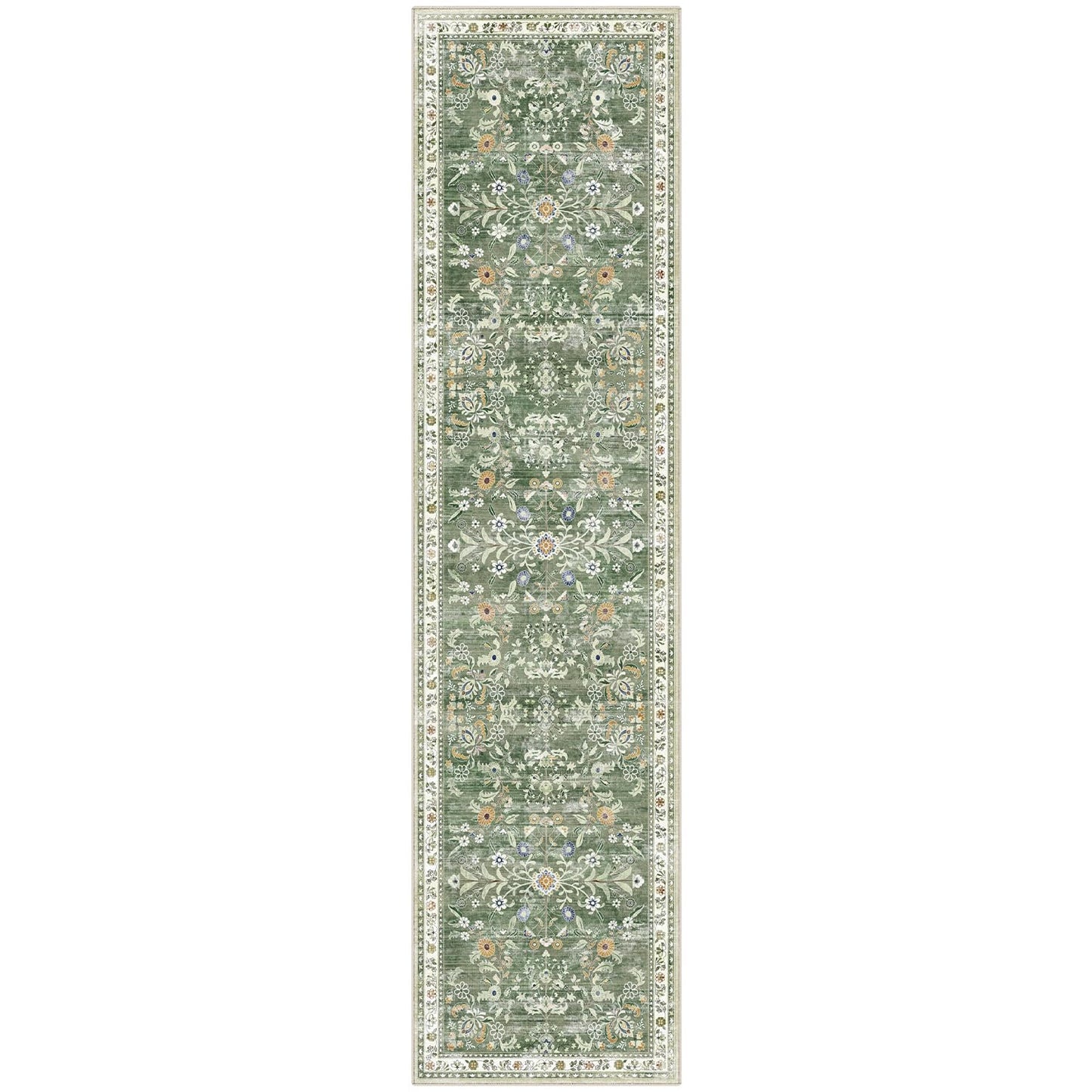 Yamaziot Washable Runner Rug 2x8 – Non Slip Boho Floral Hallway Runner Rug with Rubber Backing, Low Pile Wool Distressed Carpet for Kitchen, Laundry, Bedroom, Entrance, Mottled Green
