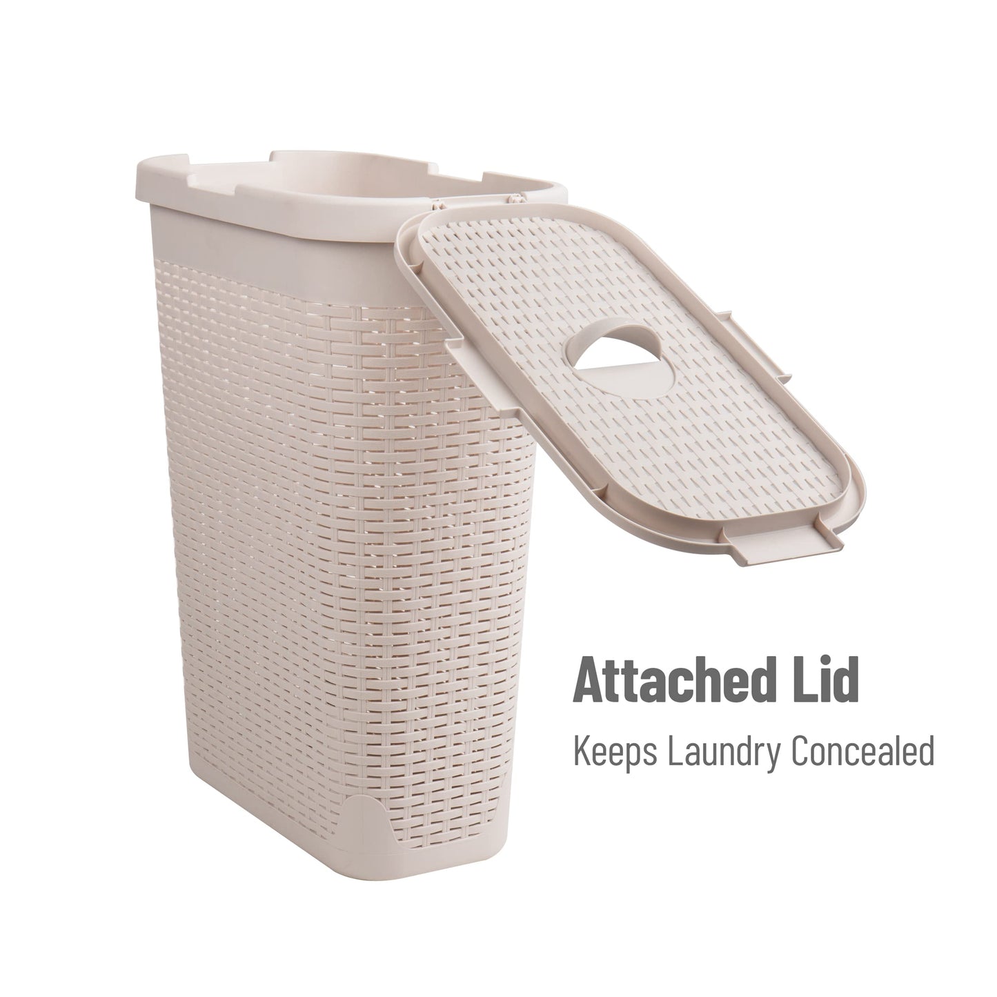 Mind Reader Slim Laundry Hamper with Lid, 40L Clothes Basket, Narrow Tapered Design with Ventilated Cutout Pattern, Plastic, Ivory
