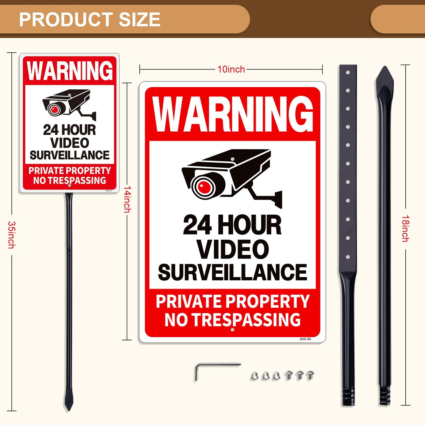 24 Hour Video Surveillance Warning Sign with 35-Inch Stake, 14"×10" Durable Security Sign for Private Property - Deter Trespassers & Enhance Security