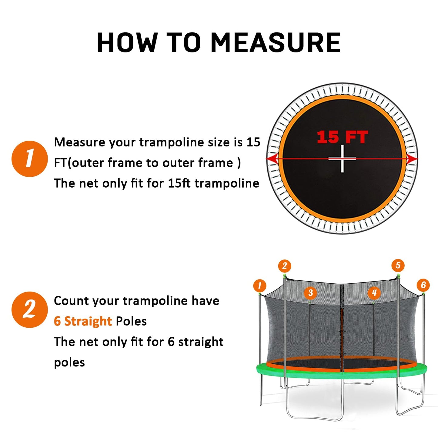 15Ft Trampoline Net Replacement with 6 Caps, Trampoline Net Fit for 15Ft Round-6 Straight Poles(Not Include Poles)