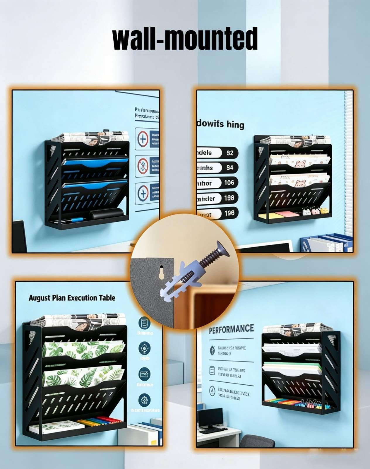 Yuxh 13 Inch Mail Organizer 4 Tier Bill Holder Metal Paper Tray Organizer with Bottom Tray for Clamp on Desktop or Wall Mounting