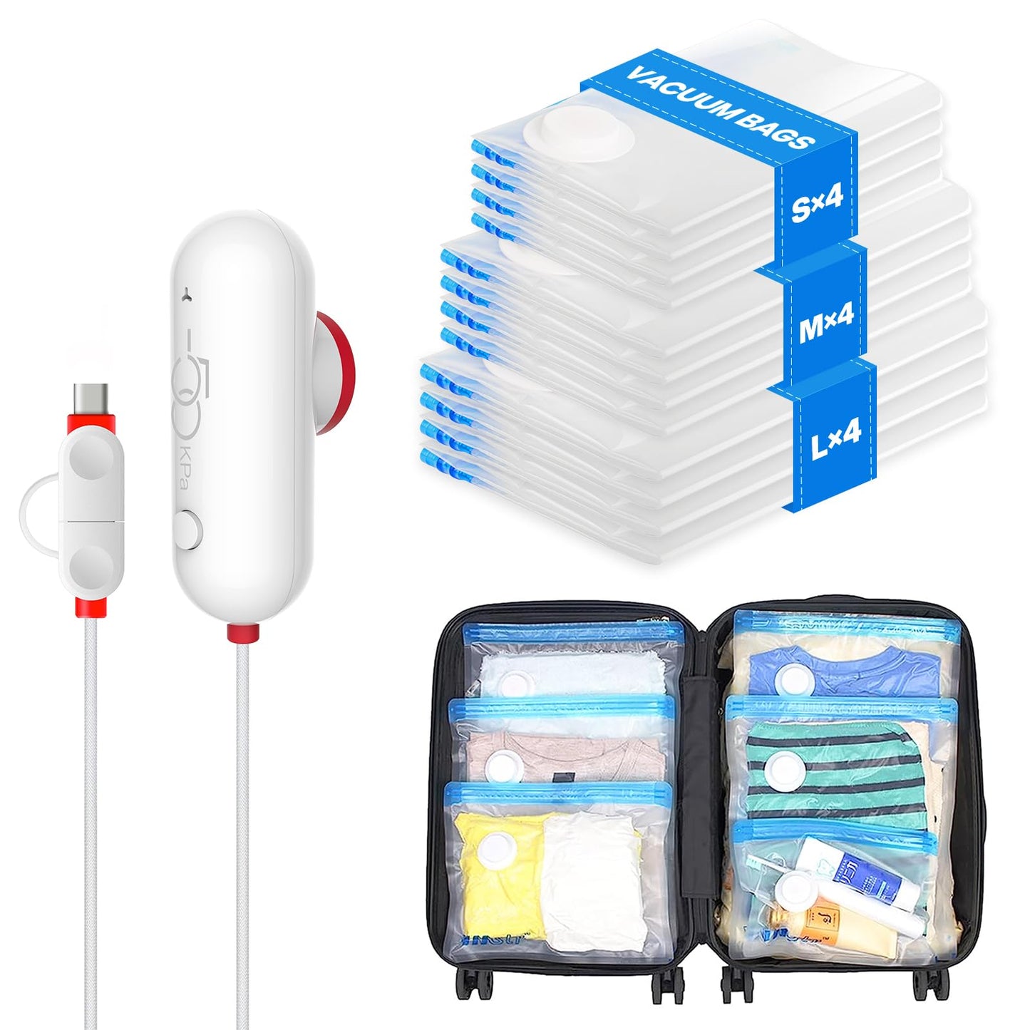 VMstr 12 Pack Travel Vacuum Storage Bags with USB Electric Pump, Compression Bags for Travel, Space Saver for Clothes and Clothing