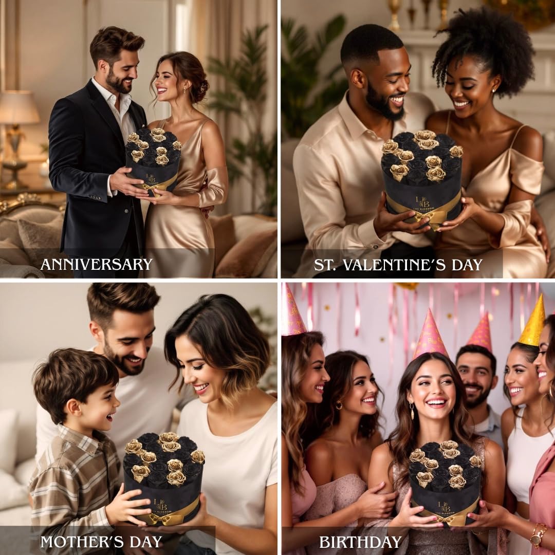 17 Black & Gold Forever Roses, Velvet Box - Luxury Black Roses, Graduation Flowers, Golden Roses, Preserved Rose Gifts for Women, Flowers for Teacher, Black Roses for Delivery Prime