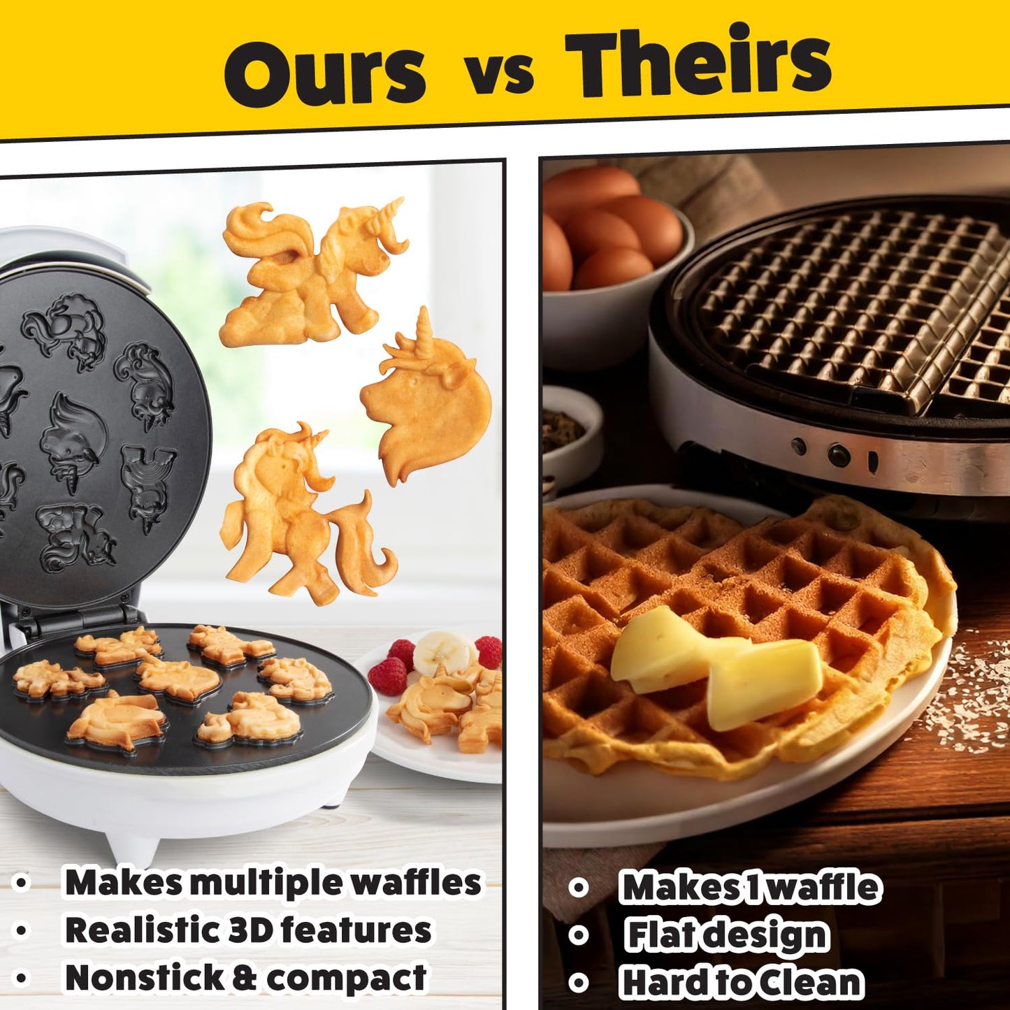 Unicorn Mini Waffle Maker- Creates 7 Different 3D Animal Shaped Waffles in Minutes- A Fun Cool Magical Breakfast for Kids, Girls & Adults- Electric Non-Stick Waffler Iron, Pancake Baker w Recipe Guide
