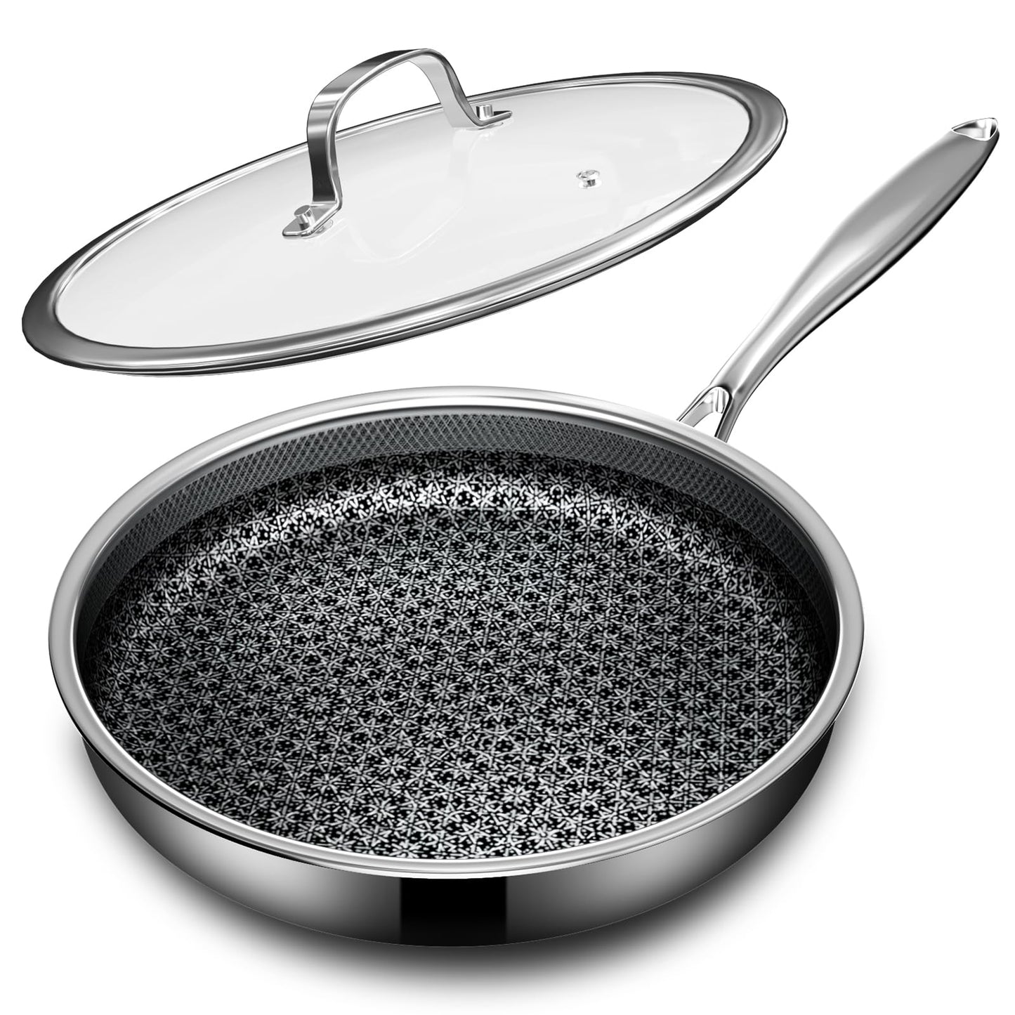 KURRUNGIE Non Stick Frying Pans with lid, 12 inch Hybrid Frying Pans Nonstick, non stick Stainless Steel Skillets, Dishwasher and Oven-Safe, nonStick Cookware, Induction Compatible Cooking Pan