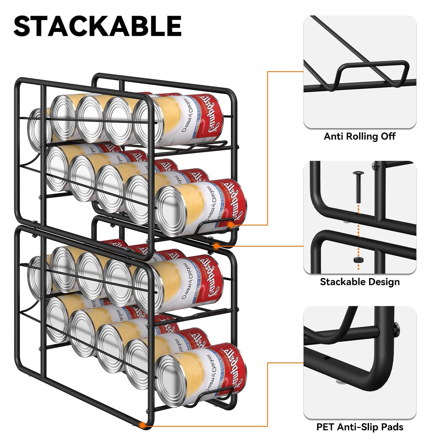 MOOACE 4 Pack Can Dispenser Rack, Stackable Soda Can Organizer Holder for Canned Food Storage Kitchen Cabinet Pantry Countertop, Black