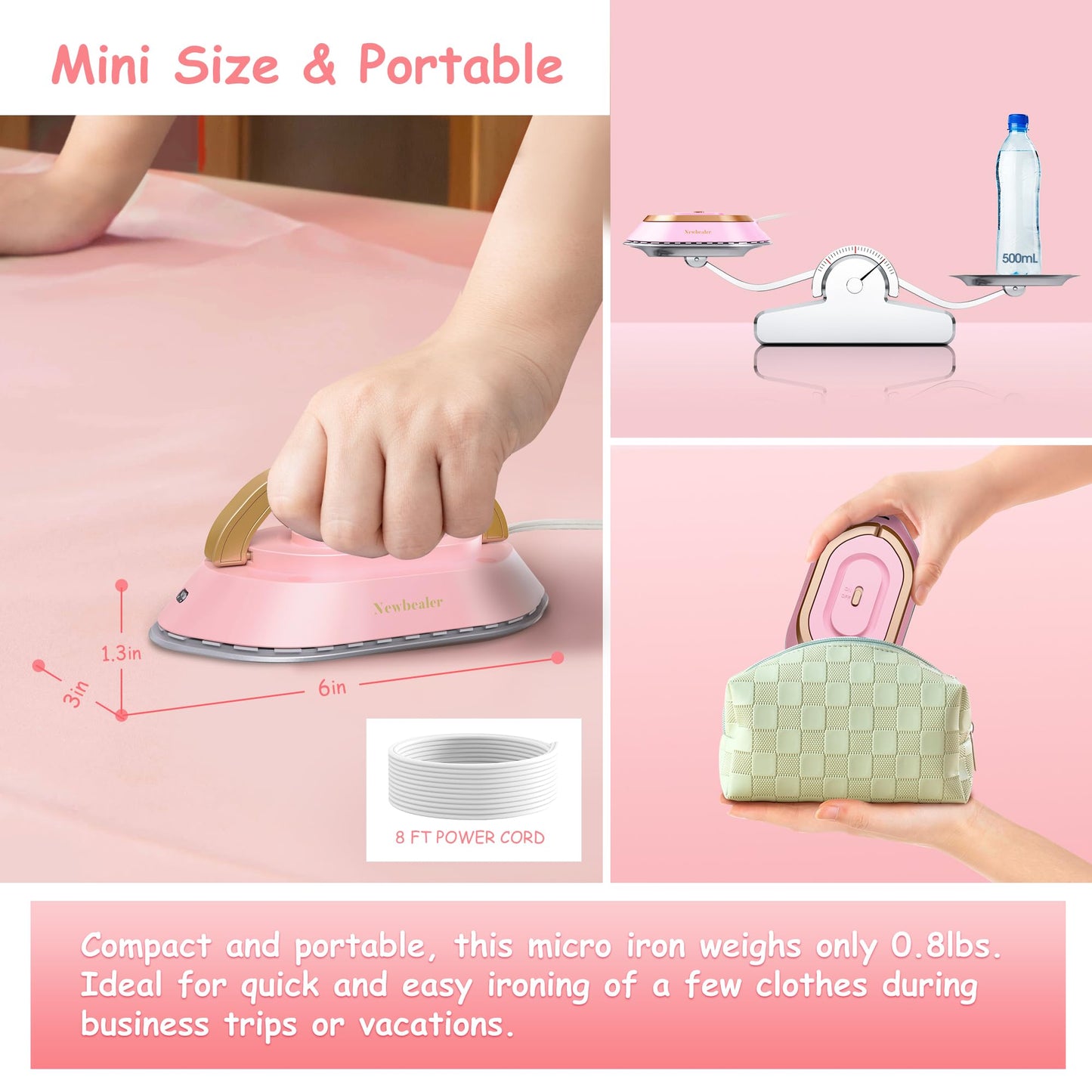 Newbealer Travel Iron with Global Voltage, 100-240V Mini Dry Iron for Clothes (No Steam), Max 300W, 60s Heat Up, 302℉ Non-Stick Ceramic Soleplate, 0.8lbs Ultra-Lightweight (Pink)
