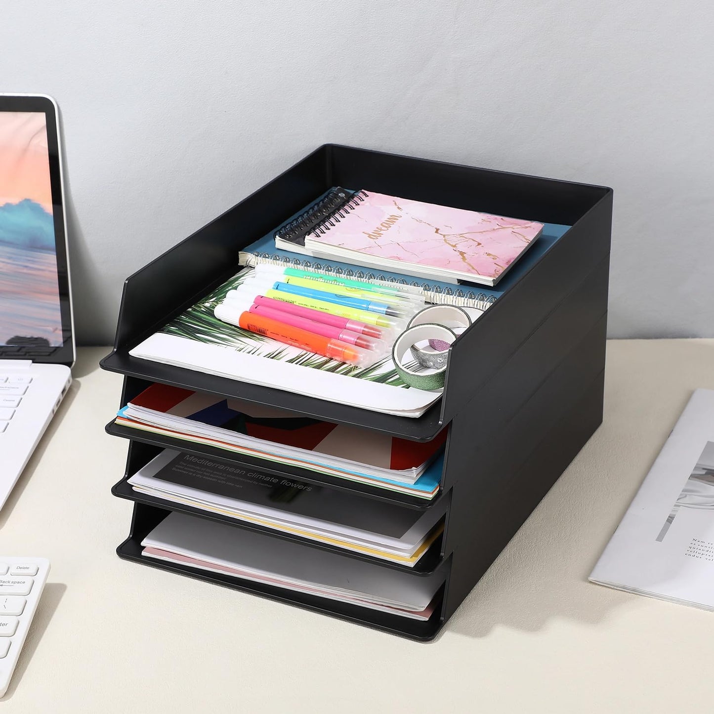 Wenqik 6 Pcs Stackable Paper Trays Rectangular Plastic Desk Holder Desktop Document File Organizer Storage Letter for Office Classroom (Black)