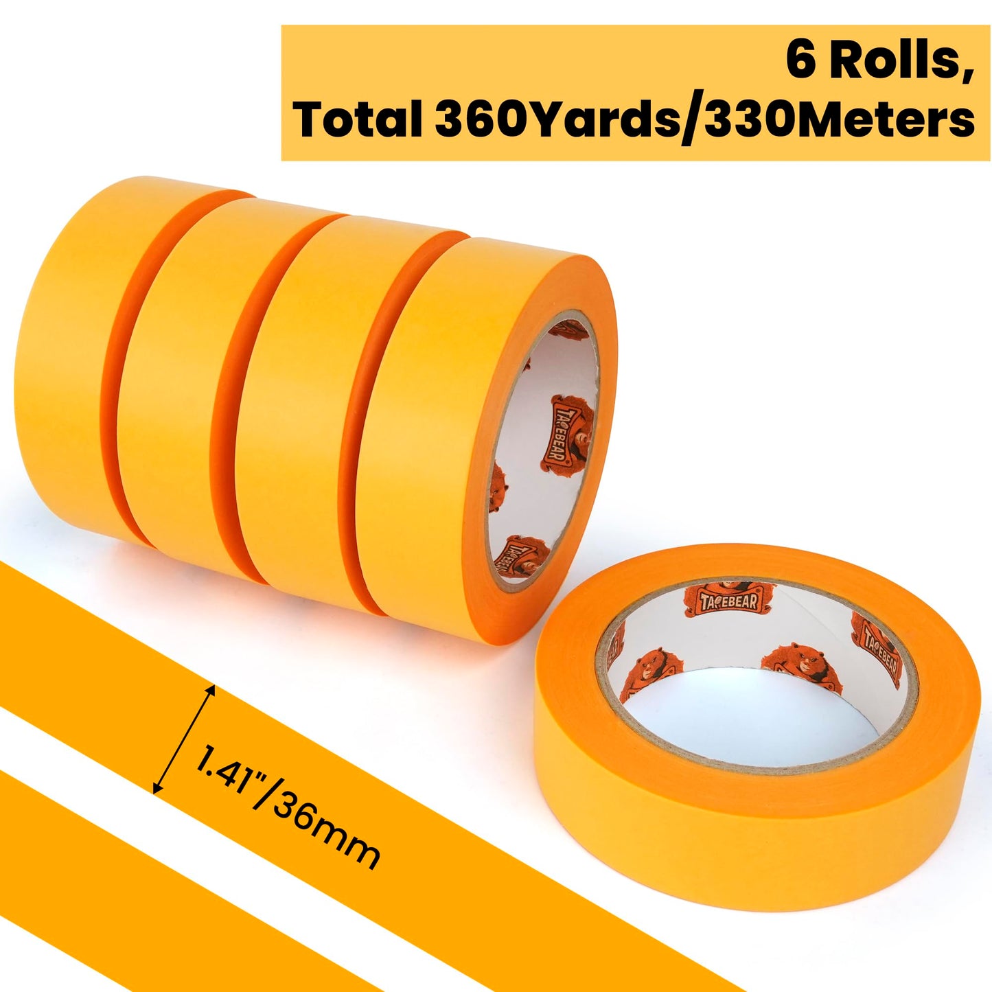TAPEBEAR Delicate Surface Advanced Masking Tape 1.41" x 60Yard, Orange Washi Tape Indoor Painters Tape Decorating with No Paint Bleed, Sharp Lines, Surface Damage-Free, Low Tack, 6Rolls