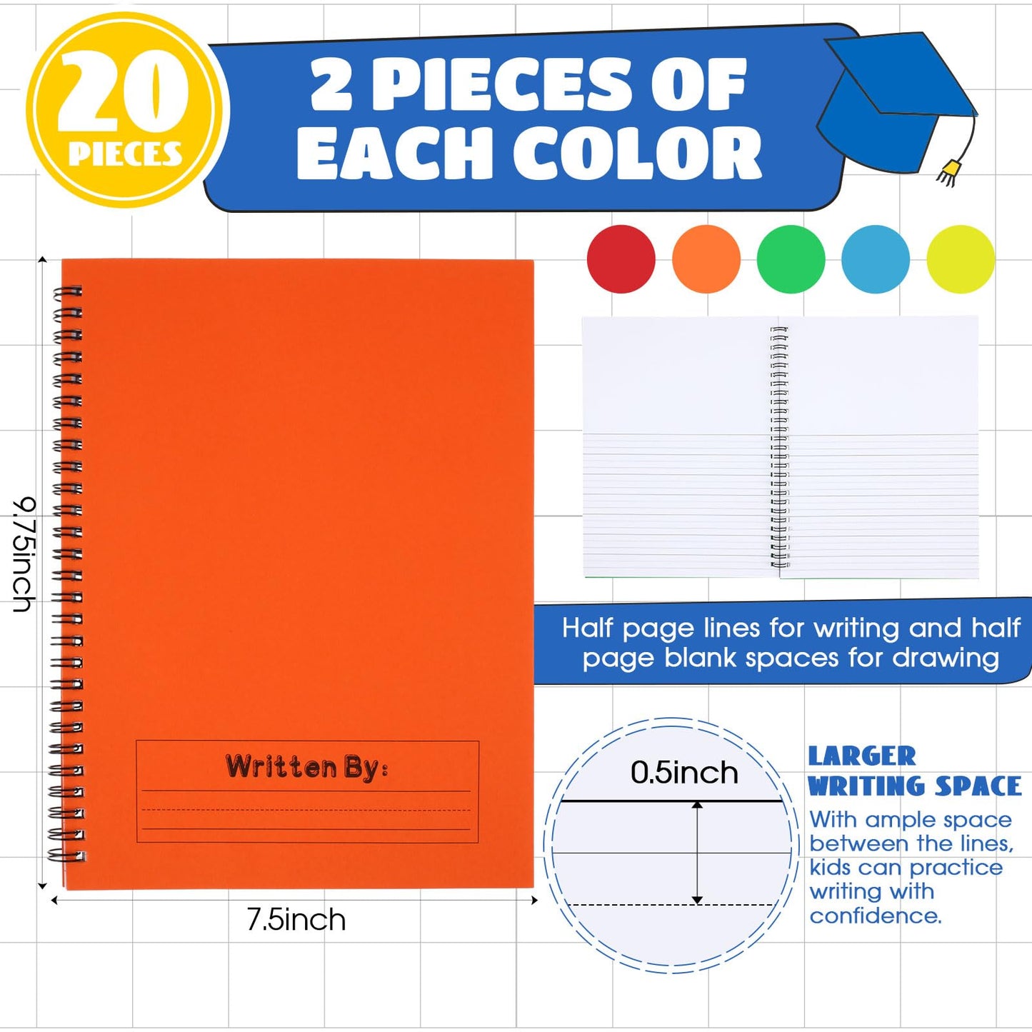 Henoyso 20 Pack Primary Composition Notebook for Kids – 50 Sheets, Spiral Bound, Handwriting & Drawing Journal, Ideal for K-2 Students, Back to School Supplies, Bright Covers