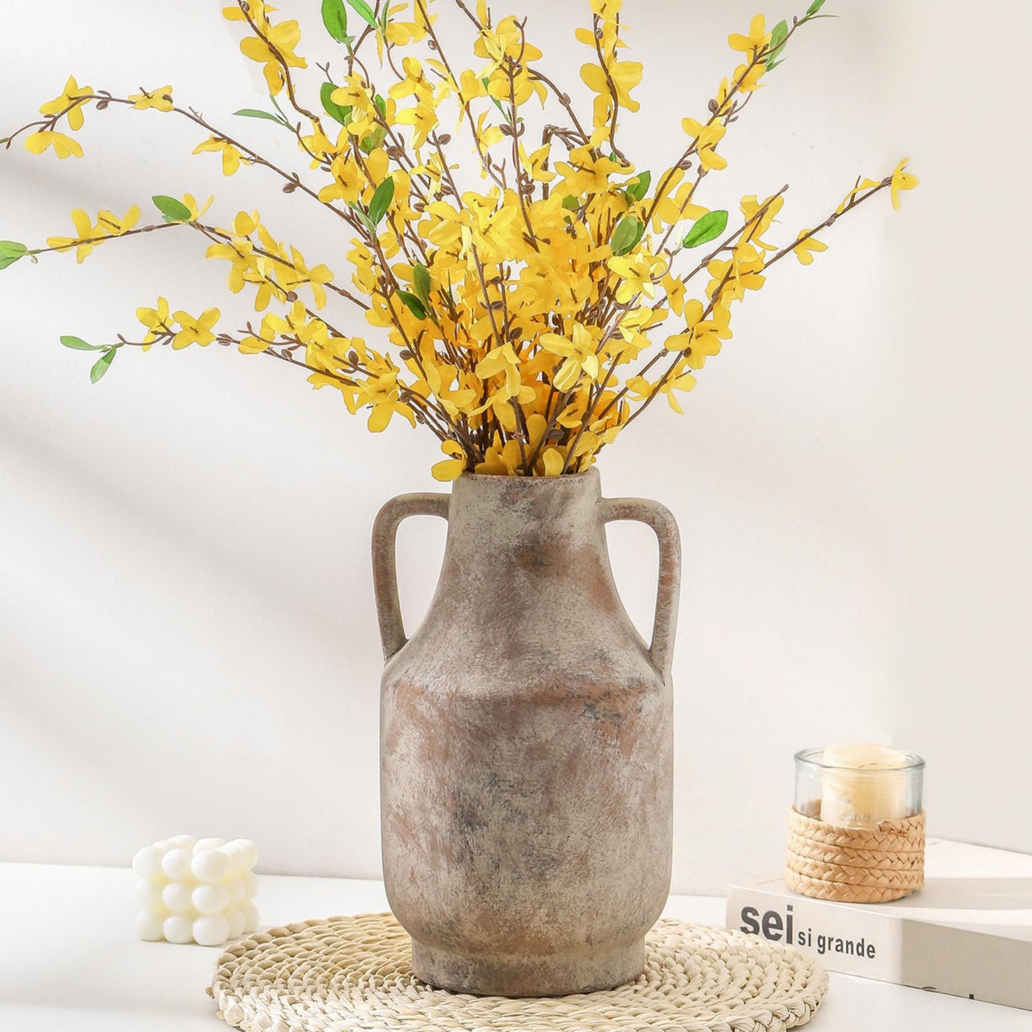 Mitt&Ditt Ceramic Flower Vase with Handles, 11 inch Tall Vase for Centerpieces, Large Decorative Terracotta Vases, Farmhouse Rustic Vases for Home Decor, Living Room, Table, Neutral