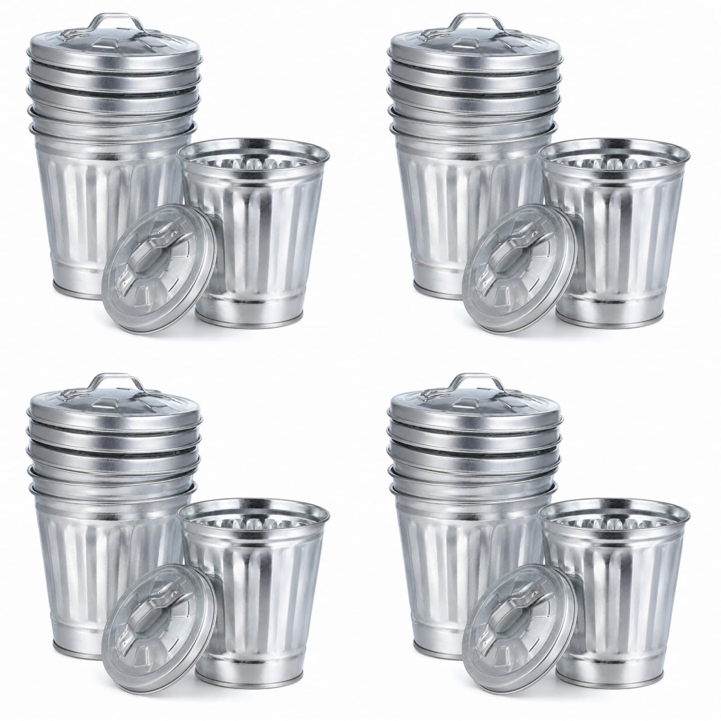 jojofuny 12 Pack Mini Trash Cans with Lids, 3.7 Inch Silver Metal Garbage Can Favor Buckets, Small Desktop Bins for Trash Truck Birthday Party, Office Desk, Craft Storage, Pen Holder, Mini Planter