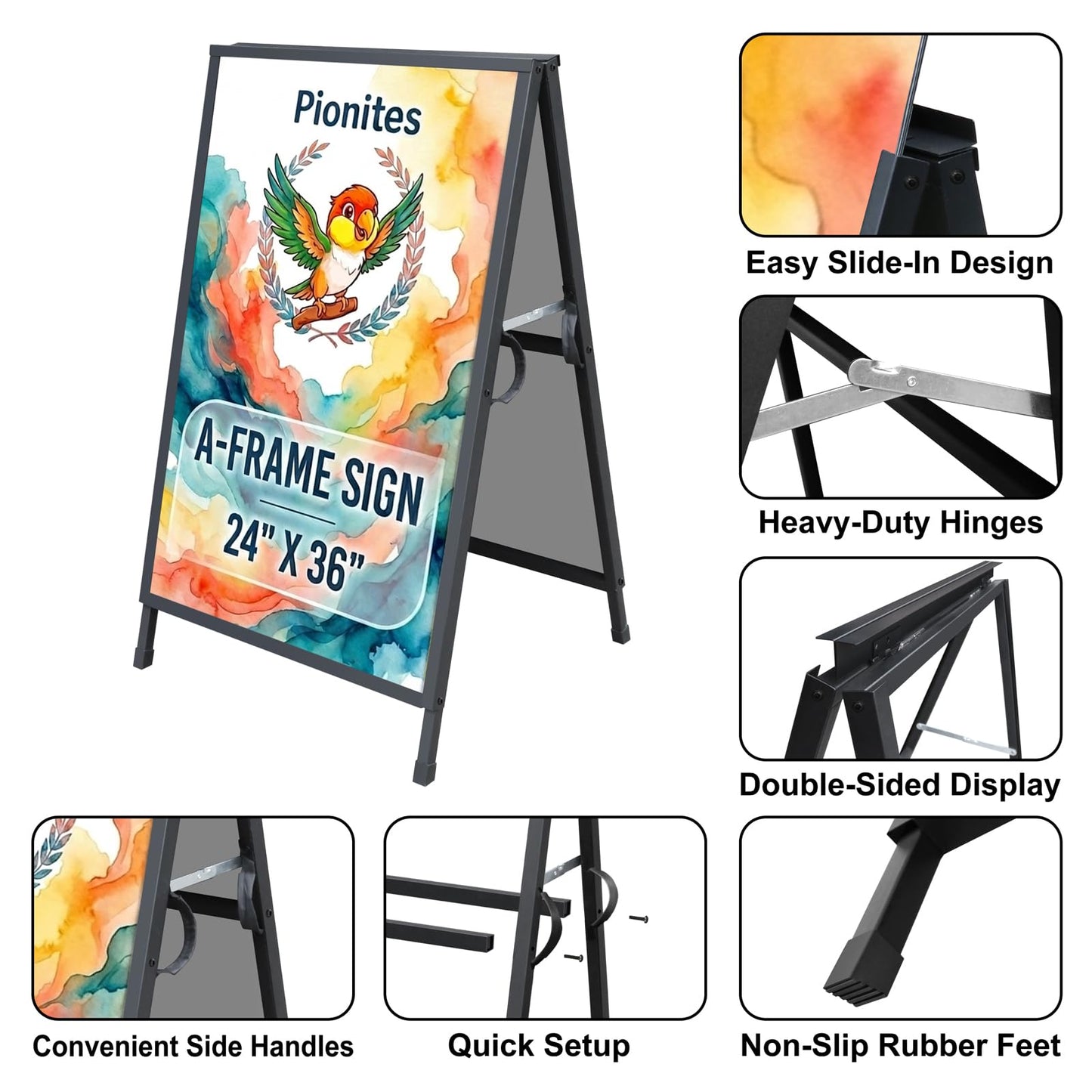 Pionites Heavy Duty Slide-in Folding A Frame Sign Sidewalk Sign 24x 36 Inch Steel Metal Double-Side Pavement sign Corrugated Plastic Poster (1, Black, 24''X36''(Frame Only))