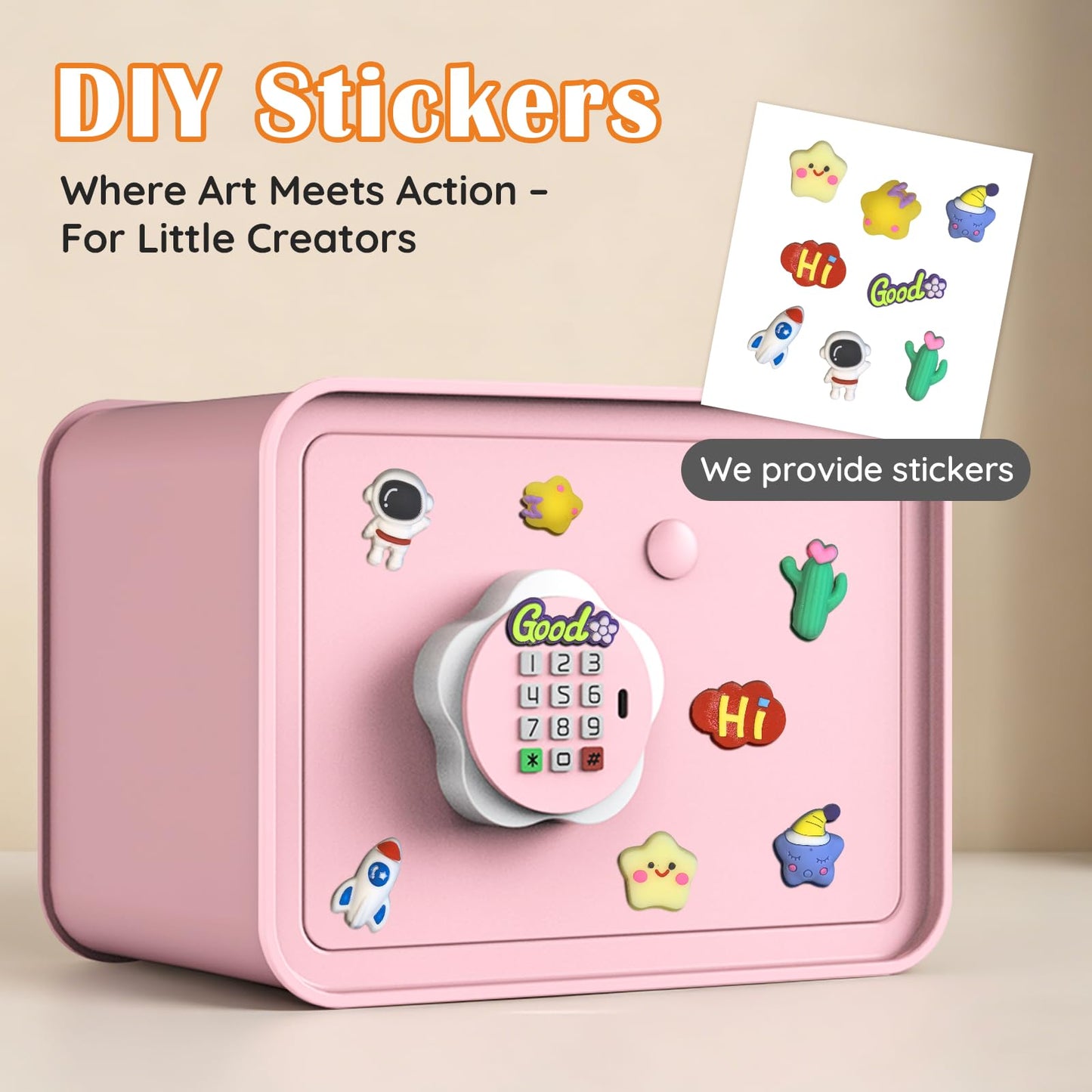 Mini Safe Box for Money Coin Cash-Piggy Bank for Kids, Electronic Small Safes for Boys Girls, Ideal Christmas Birthday Gift, DIY Stickers,Pink