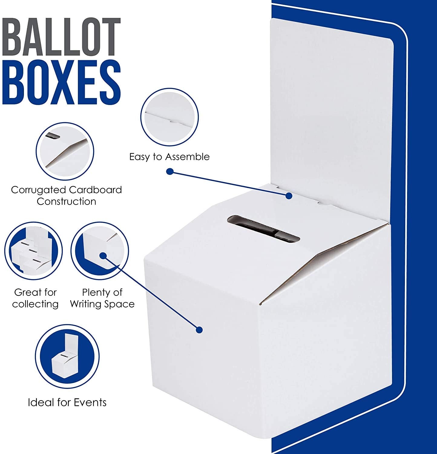 White Raffle Ticket Donation Collection Ballot Box Reusable Sturdy thick Cardboard Box with Slot comment Suggestion Box With Removable Header 6H x 6W x 6D, Display area 6H x 6W(10 pack)