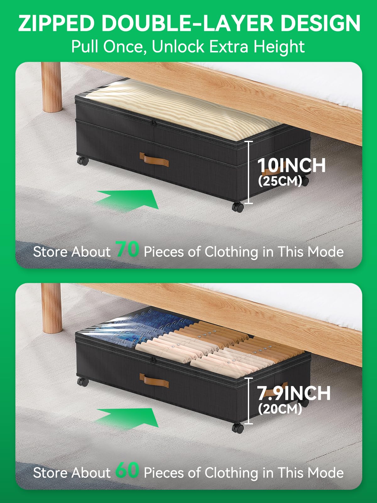ZHITTHOME Under Bed Storage with Wheels, 2-Pack 72L XXXL Scalable Under Bed Storage Containers with Transparent Lids, Underbed Storage Organizer Rolling Bins for Shoes Clothes Sheet - Expandable Max