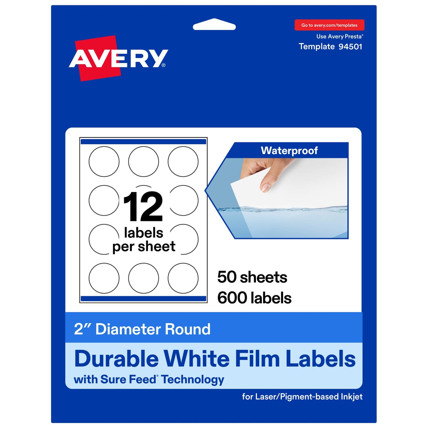 Avery Printable Durable White Round Labels, Sure Feed Technology, 2" Diameter, Print-to-the-Edge, Waterproof Labels, Laser & Pigment-Based Inkjet Compatible, 600 Total