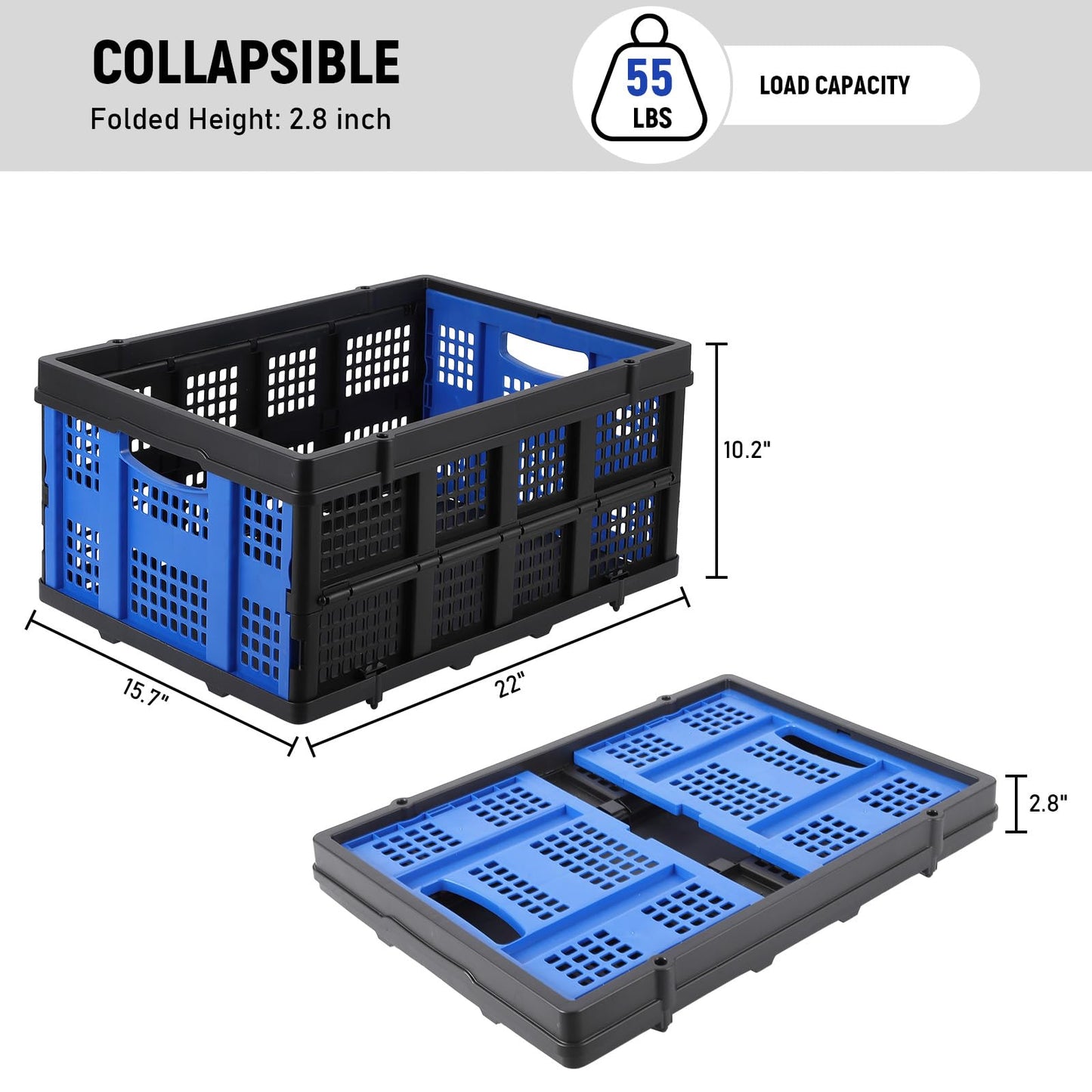 Garvee Heavy Duty Milk Crate Collapsible - 55L Foldable Storage Crate with Handles, Stackable Plastic Crates for Groceries, Moving, Camping & Car Storage (Blue)