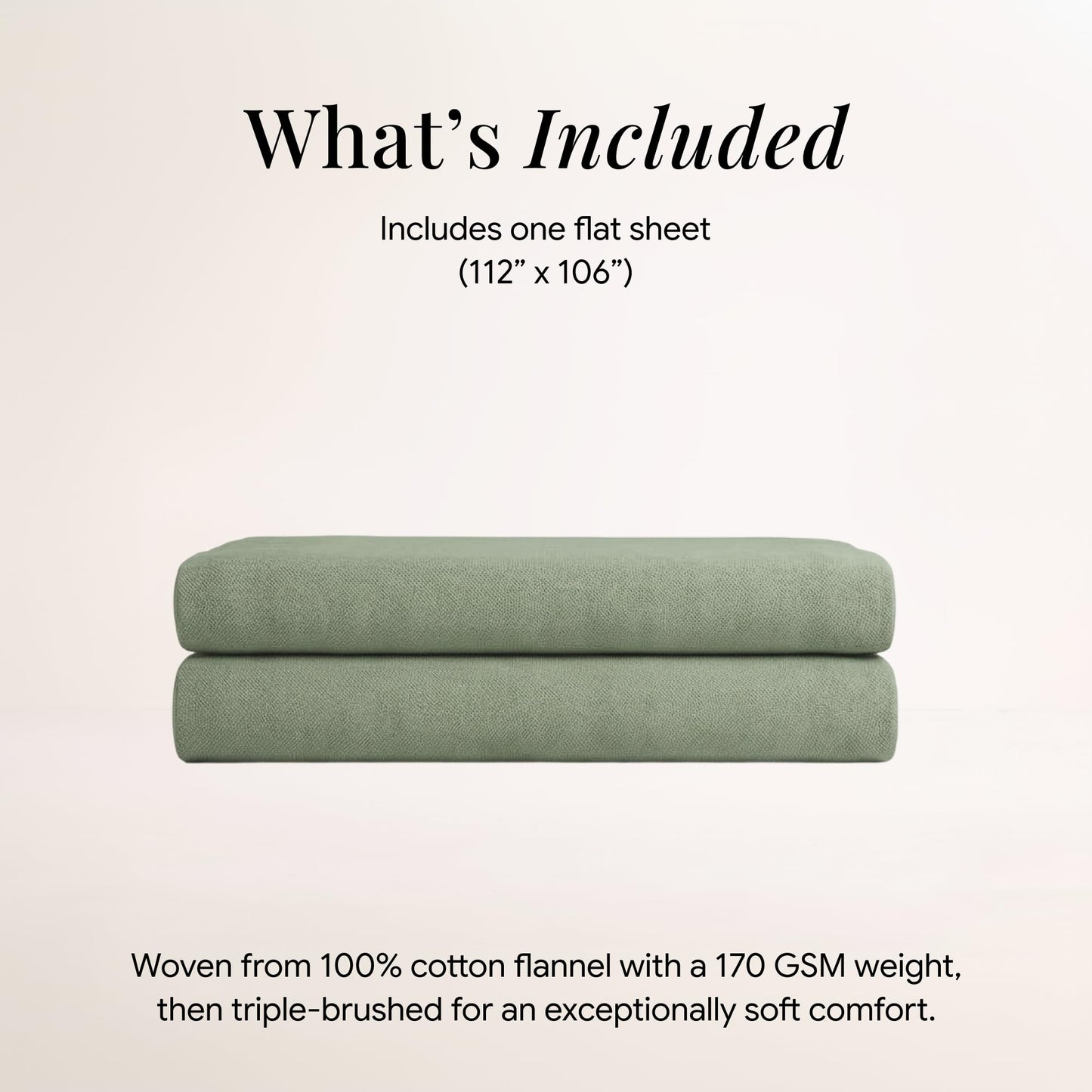 Tribeca Living King Cotton Flannel Flat Sheet Only 170-GSM - Oversized 112 x 106 Inch Dimensions for Generous Bed Coverage - Soft Breathable Bedding in Green