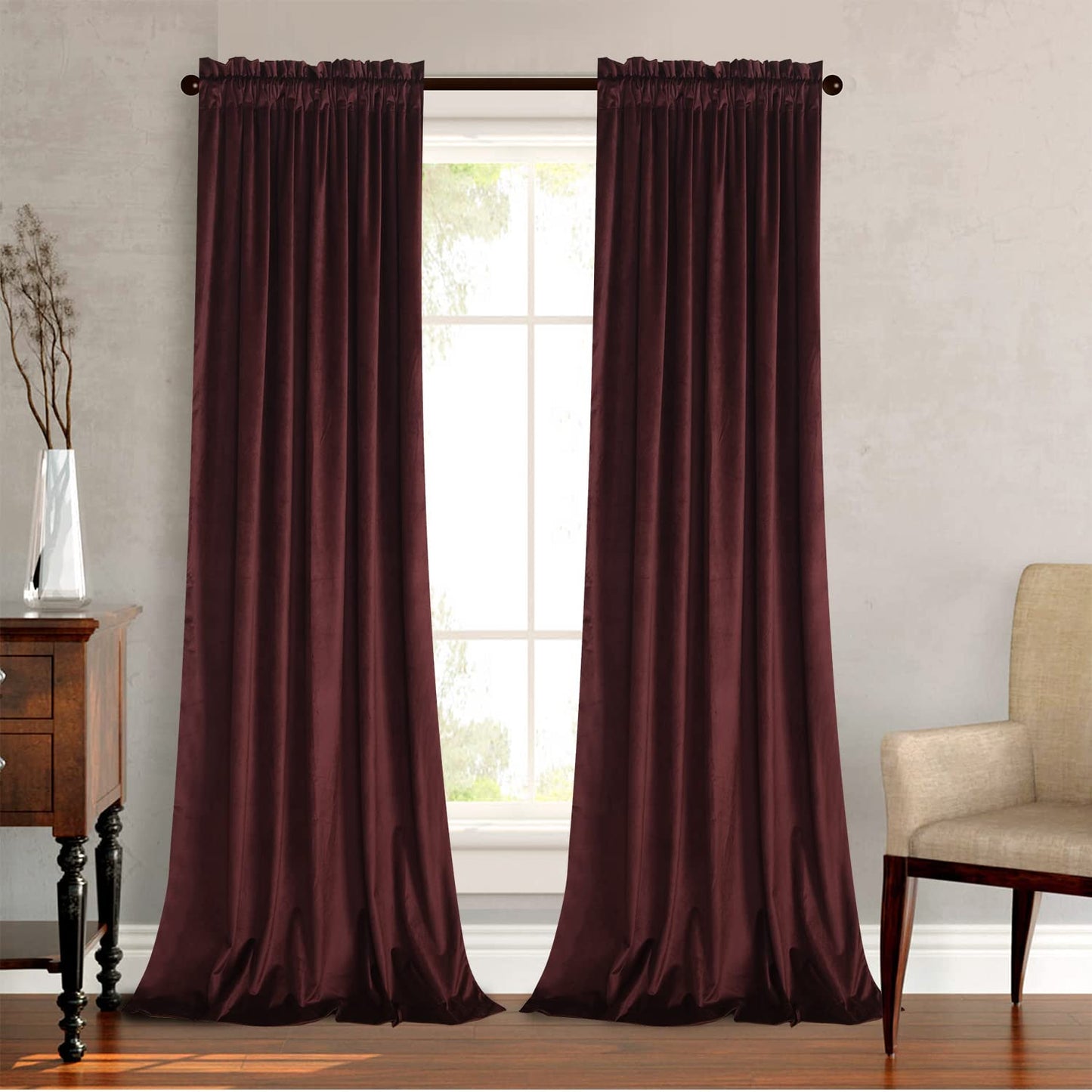 Roslynwood Velvet Ruby Wine Curtain 96 inch Long - Curtains Block Light Rod Pocket Thermal Insulated Window Drapes Set for Living Room/Bedroom/Dining Room, W52 x L96, 2 Panels