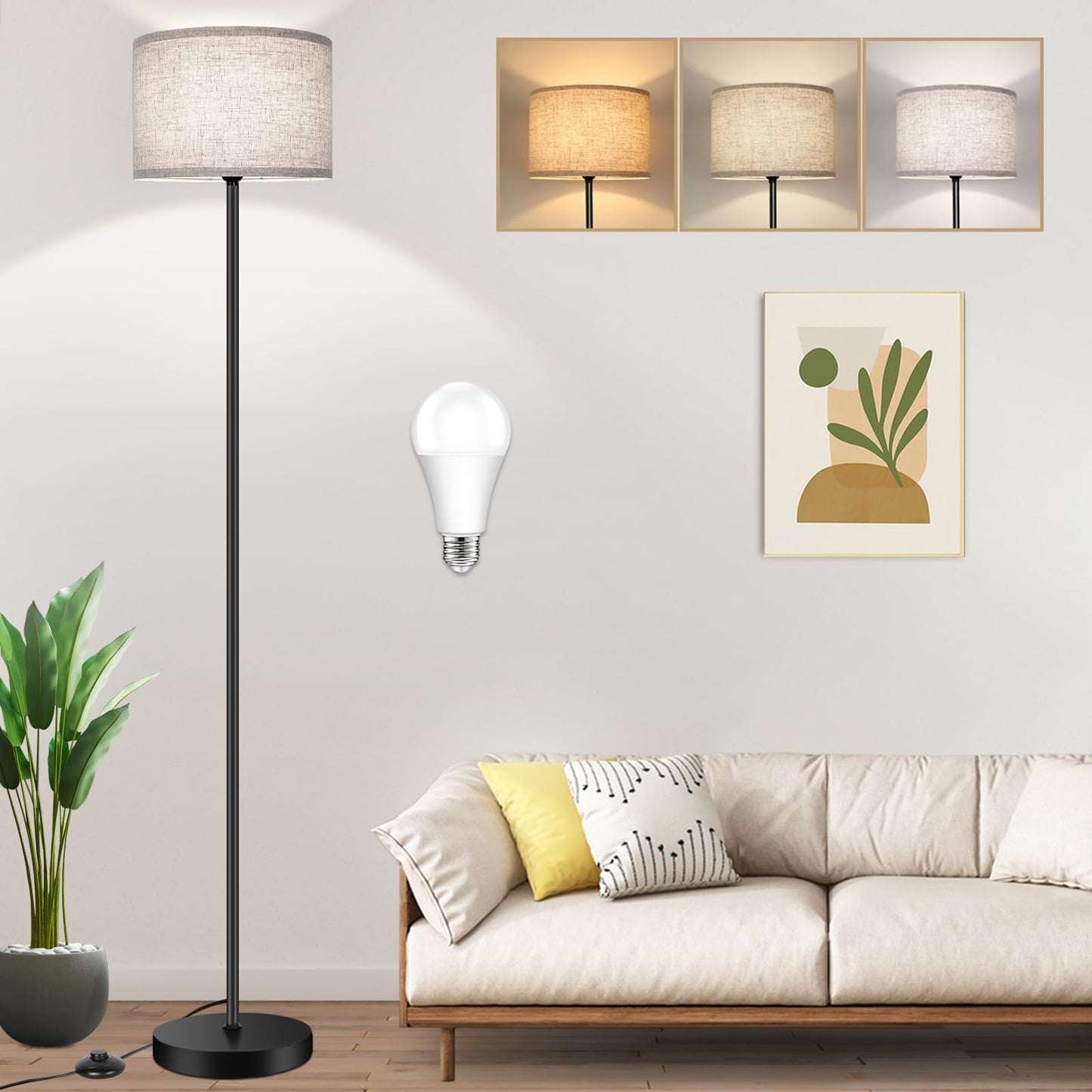 TOBUSA Floor Lamp for Living Room Bedroom with 3CCT LED Bulb, Modern Standing Lamp Drum Shade, 65’’ Tall with Foot Switch Black Pole, Dimmable Simple Design Stand Up Lamp for Home Office Reading