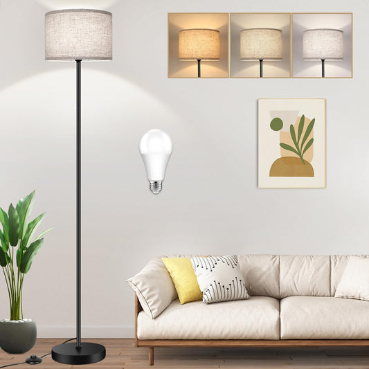 TOBUSA Floor Lamp for Living Room Bedroom with 3CCT LED Bulb, Modern Standing Lamp Drum Shade, 65’’ Tall with Foot Switch Black Pole, Dimmable Simple Design Stand Up Lamp for Home Office Reading