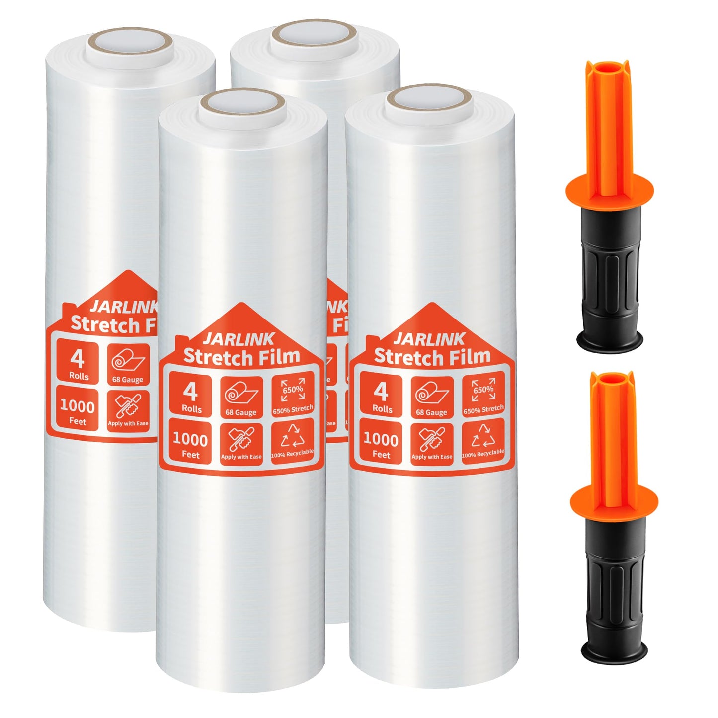 JARLINK 4 Pack Stretch Film, 15" x 1000ft Shrink Wrap for Pallet Wrap, Industrial Strength Stretch up to 650% Stretch with Handles, Self Adhering Packaging Heavy Duty Film for Moving, 68 Gauge, Clear