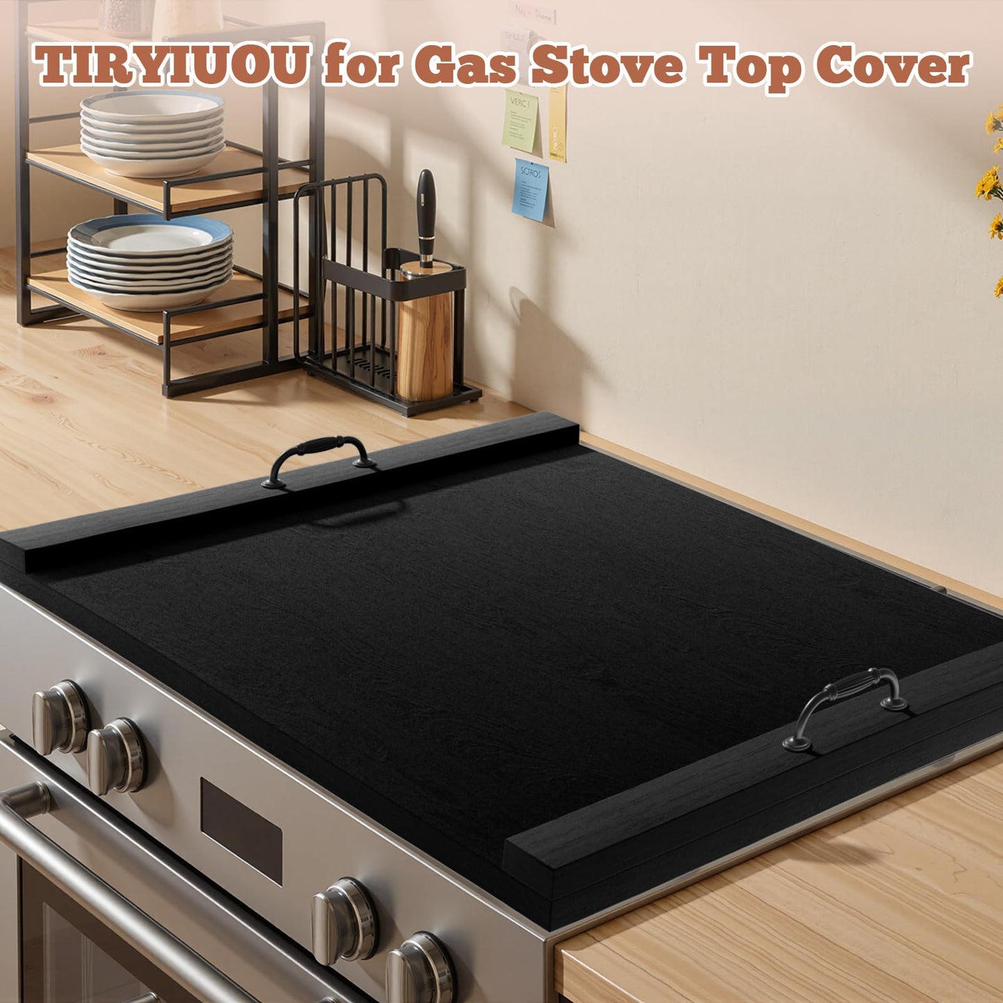 TIRYIUOU Gas Stove Top Cover: Wooden 30 * 22 Inches Electric Stovetop Covers, Noodle Board with Handles, Wood RV Cutting Board for Kitchen Counter (Black)