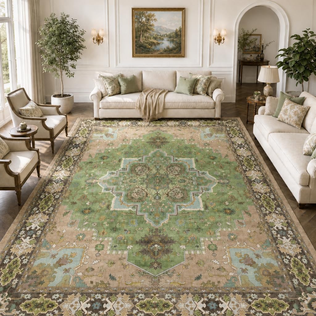 AMADA HOMEFURNISHING 8x10 Area Rug for Living Room, Vintage Washable Area Rug Low-Pile & Non-Slip Carpet for Bedroom Dining Room Nursery Home Office, Green