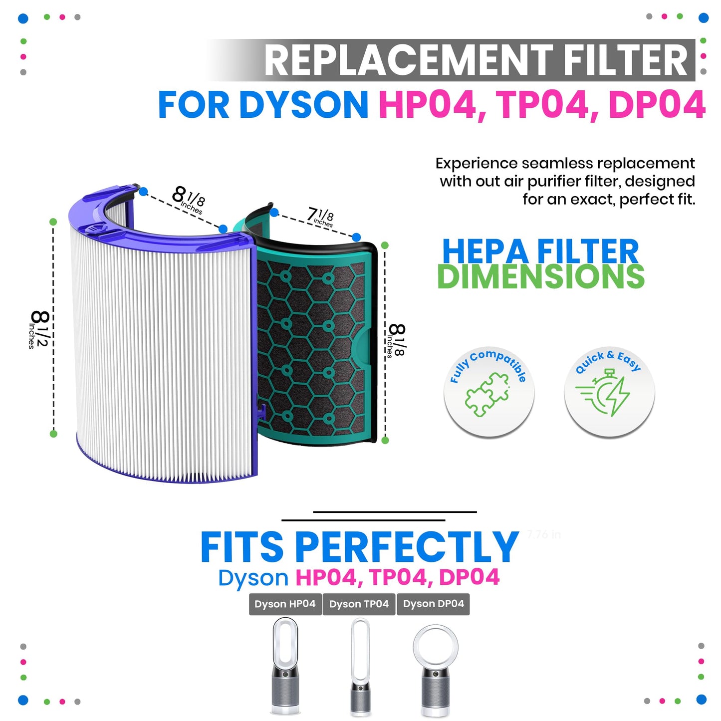 Bagean 360 Combi Glass HEPA Filters Compatible with Dyson Air Purifier Filter HP04 TP04 Pure Cool Hot Fan Dyson Filter Replacement - H13 True HEPA and Activated Carbon Purifies 99.97% Particles