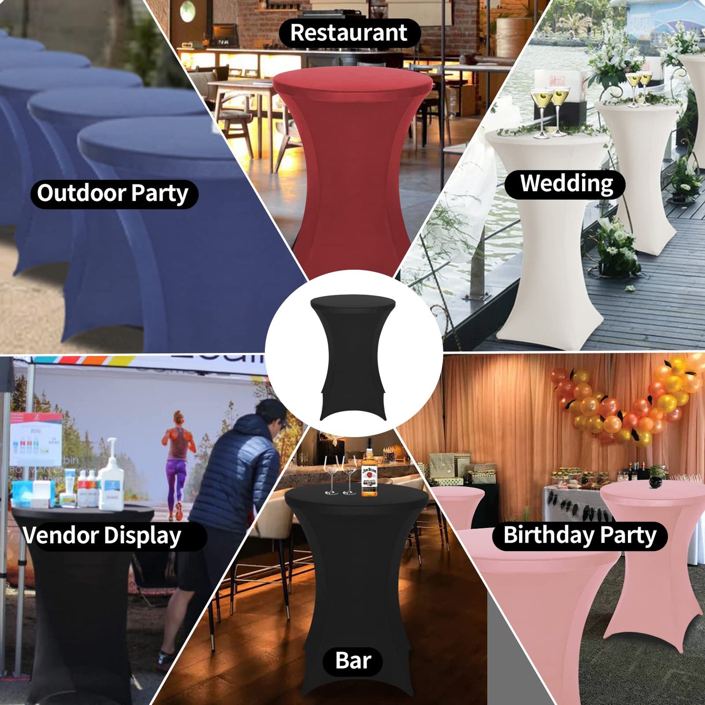FestiCorp 2 Pack Spandex Black Table Cover, Cocktail Fitted Tablecloths, Round Highboy Stretch Table Covers Cloths for Party, DJ, Bar, Wedding, Birthday, Banquet, 30"-32" Diameter x 40"-43" Height