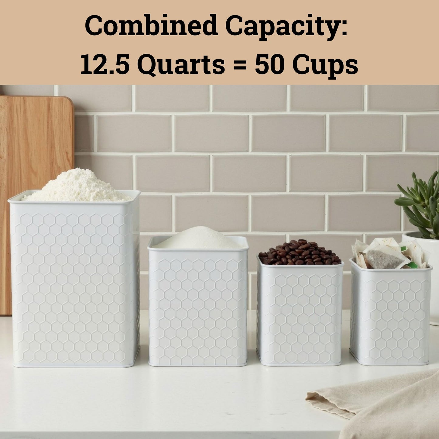 Kitchen Canisters for Countertop Set of 4 - Textured Iron Kitchen Canisters with Airtight Lids - Flour Sugar Canister Set - Flour and Sugar Containers Farmhouse - Coffee Jar for Counter - White Jar x4