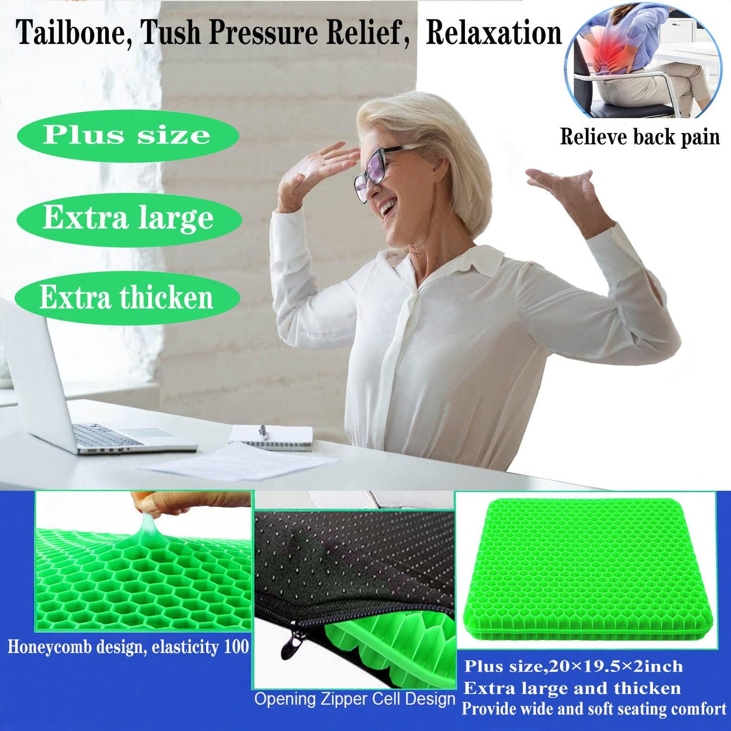 Plus Size Gel Seat Cushion for Long Sitting, Extra Large and Thick, Seat Cushion for Back, Hip, Sciatica, Tailbone Pain Relief, Used for Office, Wheelchair, Car, Recliner, Stadium, Kayka.(Grass Green)