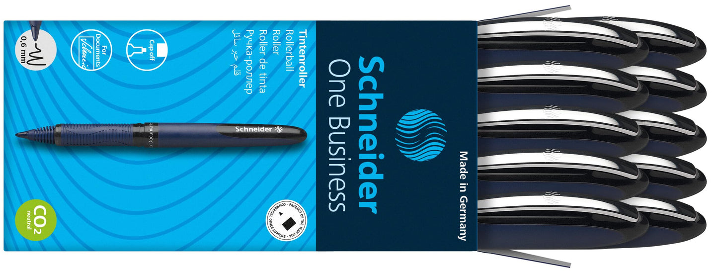Schneider One Business Rollerball Pen, 0.6 mm Ultra-Smooth Tip, Blue Barrel, Black Ink, Box of 10 Pens (183001)