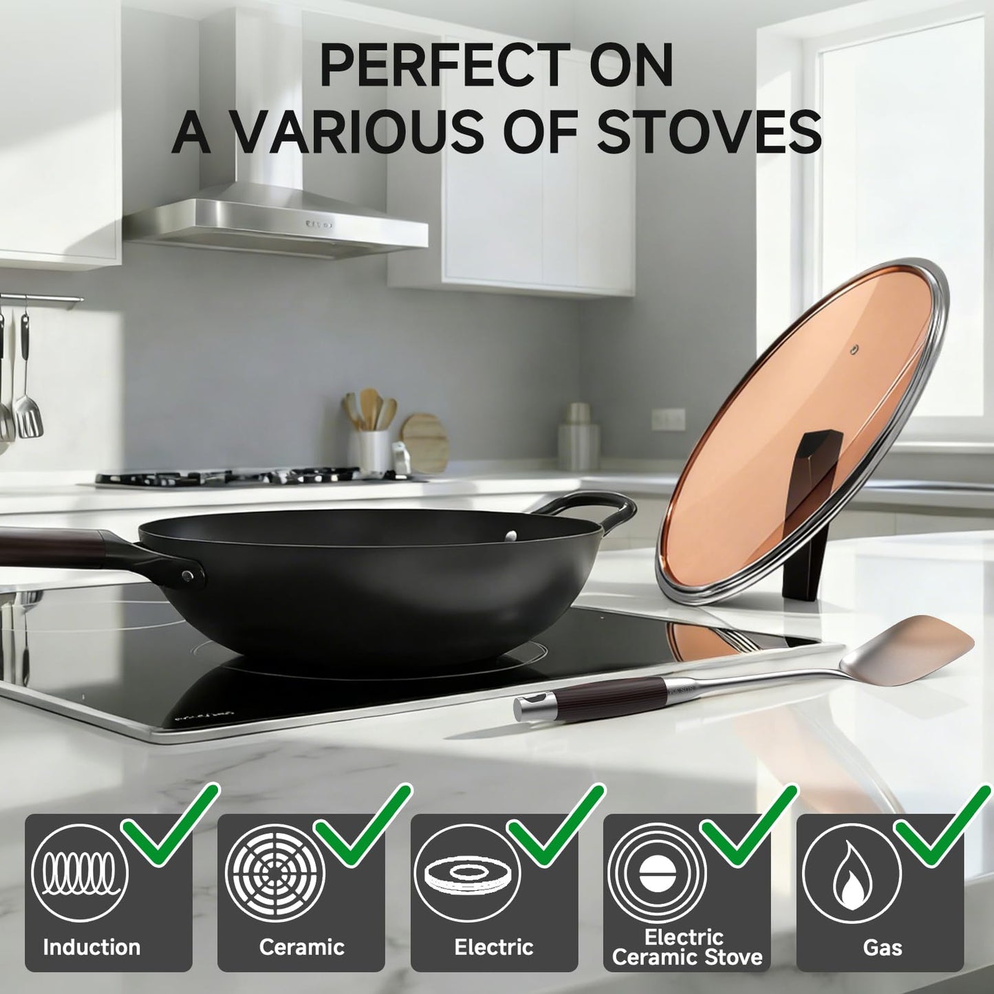 SUMEIGUAN 13.5" Carbon Steel Wok Pan - Pre-Seasoned Flat Bottom Woks & Stir-fry Pans Chinese Cookware with Lid & Spatula - For Pan-fry,Stir Fry, Steam, BBQ & Camping - Compatible with Induction, Gas
