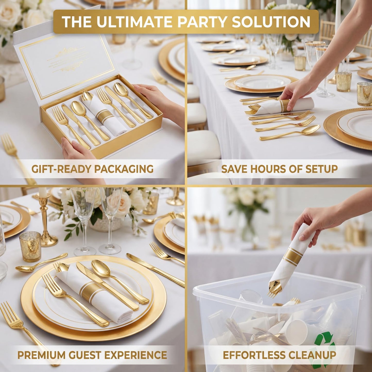 Liacere 100Pack Pre Rolled Gold Silverware and Napkin-Disposable Gold Plastic Utensils-Wrapped Plastic Cutlery Set with Napkin:100 Forks,100 Knives,100 Spoons,100 Napkins for Wedding & Graduation