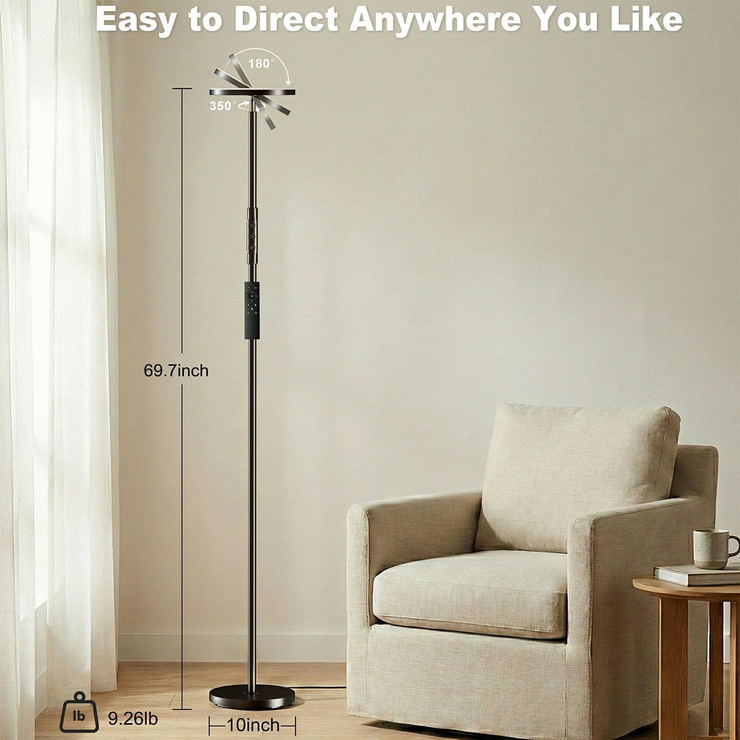 Yikuneng Super Bright Floor Lamp for Living Room, Stepless Dimmable LED Standing Lamp with Remote and Touch Control, 69” Tall Torchiere Corner Lamp for Bedroom Office Hotel, Black