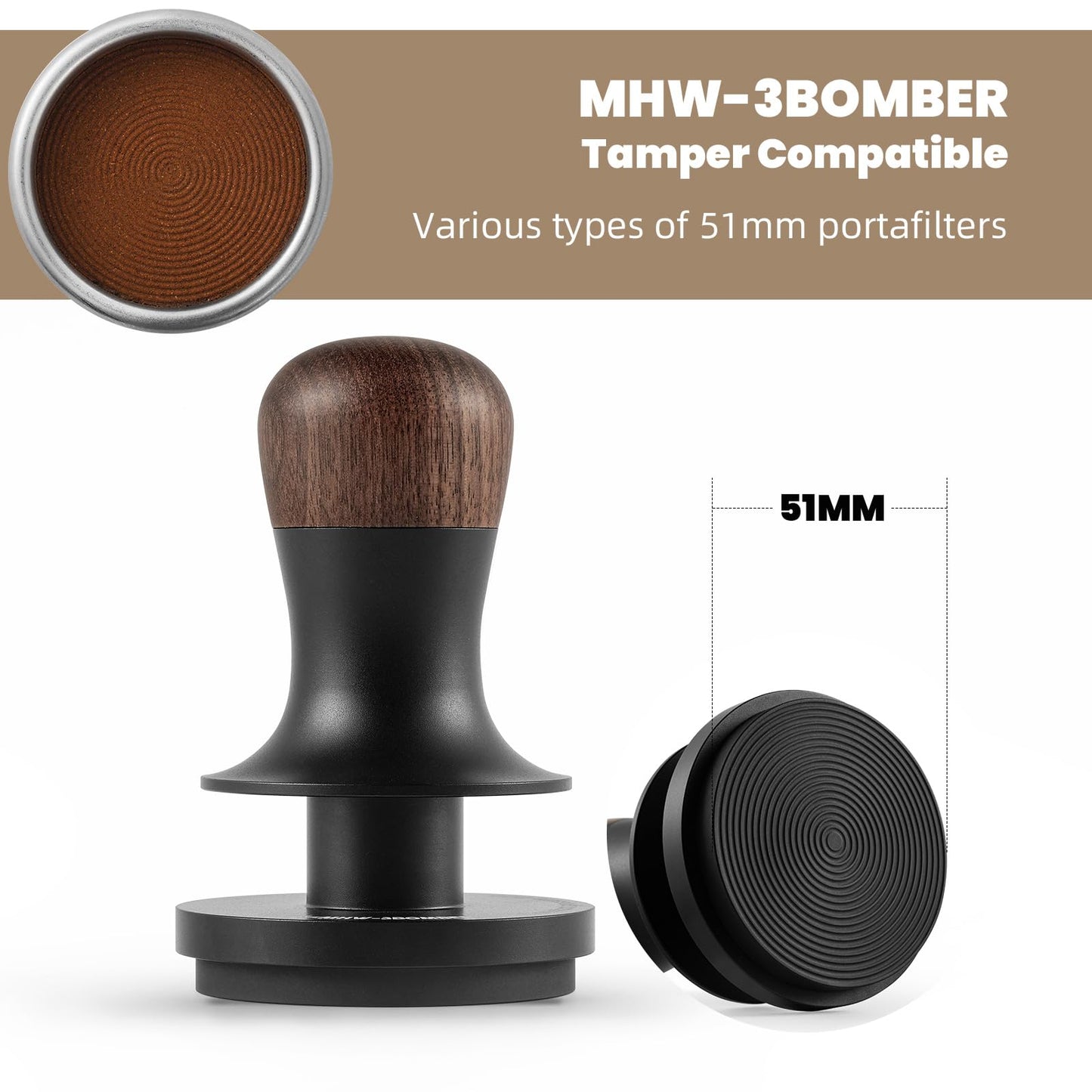 MHW-3BOMBER 51mm Espresso Coffee Tamper with Three Spring Loaded Calibrated Espresso Tamper 30lbs Espresso Hand Tamper with Sound Feedback Titanium Coating Black T6178T-OS