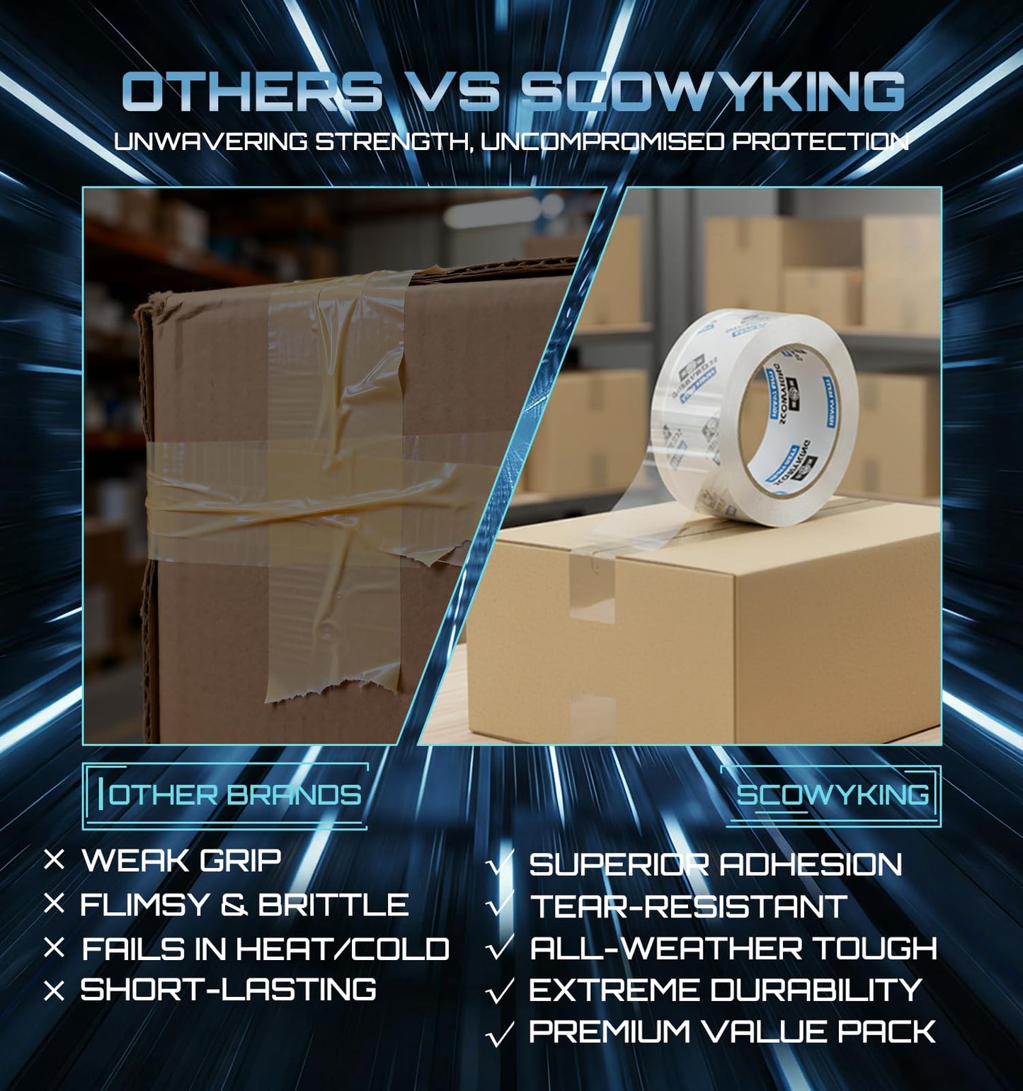 Scowyking Heavy Duty Packing Tape Refills 24 Pack, 2.7 Mil Clear Packaging Tape, 1.88" × 68 Yards, Compatible with Standard Tape Dispenser, No Residue Quiet Unwind for Moving Shipping Sealing Boxes