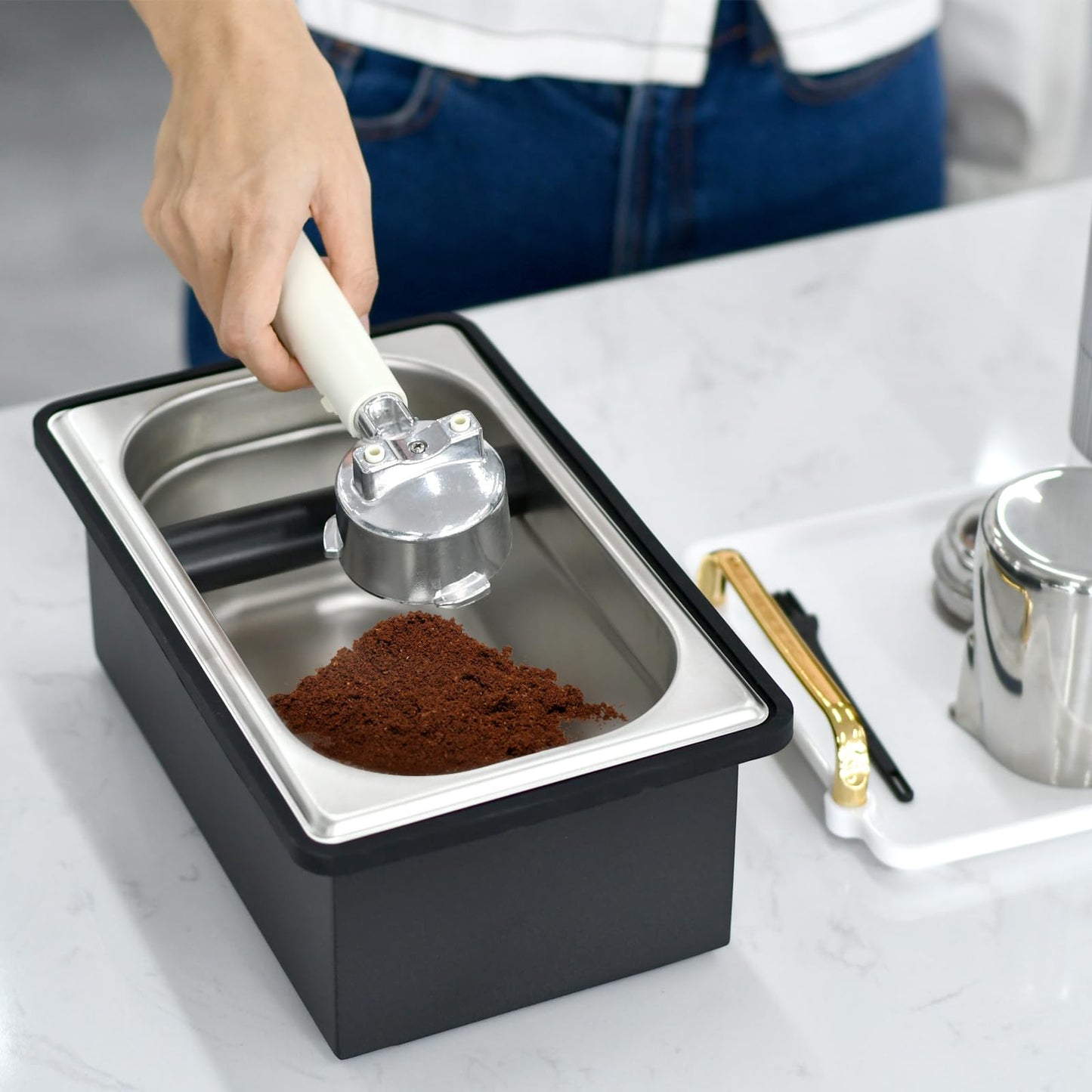 Espresso Knock Box, Stainless Steel Coffee Knock Box Large Capacity Coffee Pucks Container Espresso Machine Tool for Coffee Ground