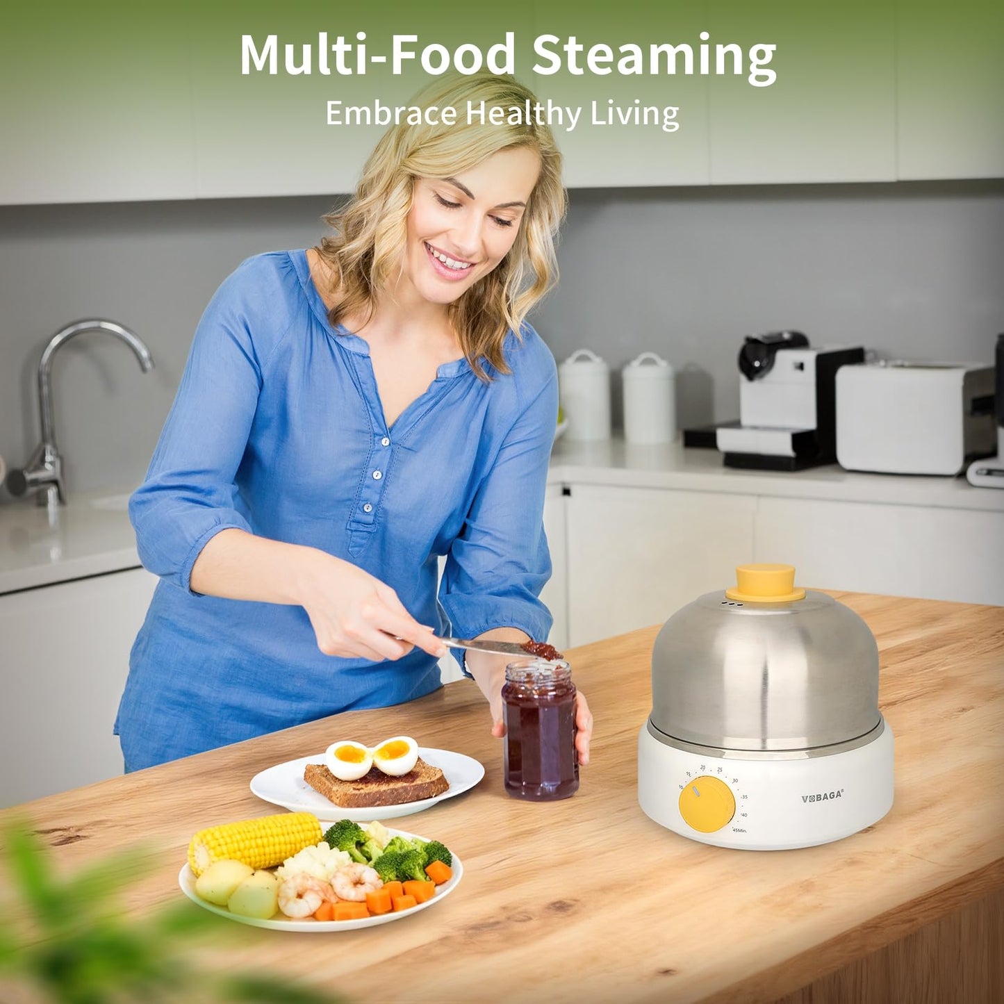 VOBAGA Rapid Egg Cooker, Electric Egg Boiler and Steamer Machine, 9 Egg Capacity, Stainless Steel, Auto Shutoff with Silent Timer, 400W (White)