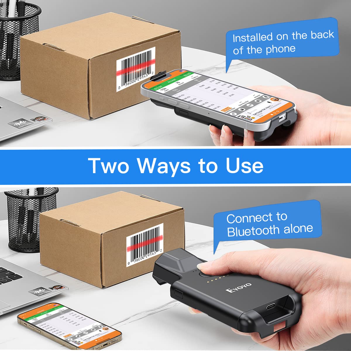 Eyoyo Upgraded QR Code Scanner Bluetooth Android Barcode Scanner, Portable Back Clip Wireless 1D 2D UPC ISBN Inventory Barcode Reader PDF417 Data Matrix Code Compatible with iPhone, Android Phone