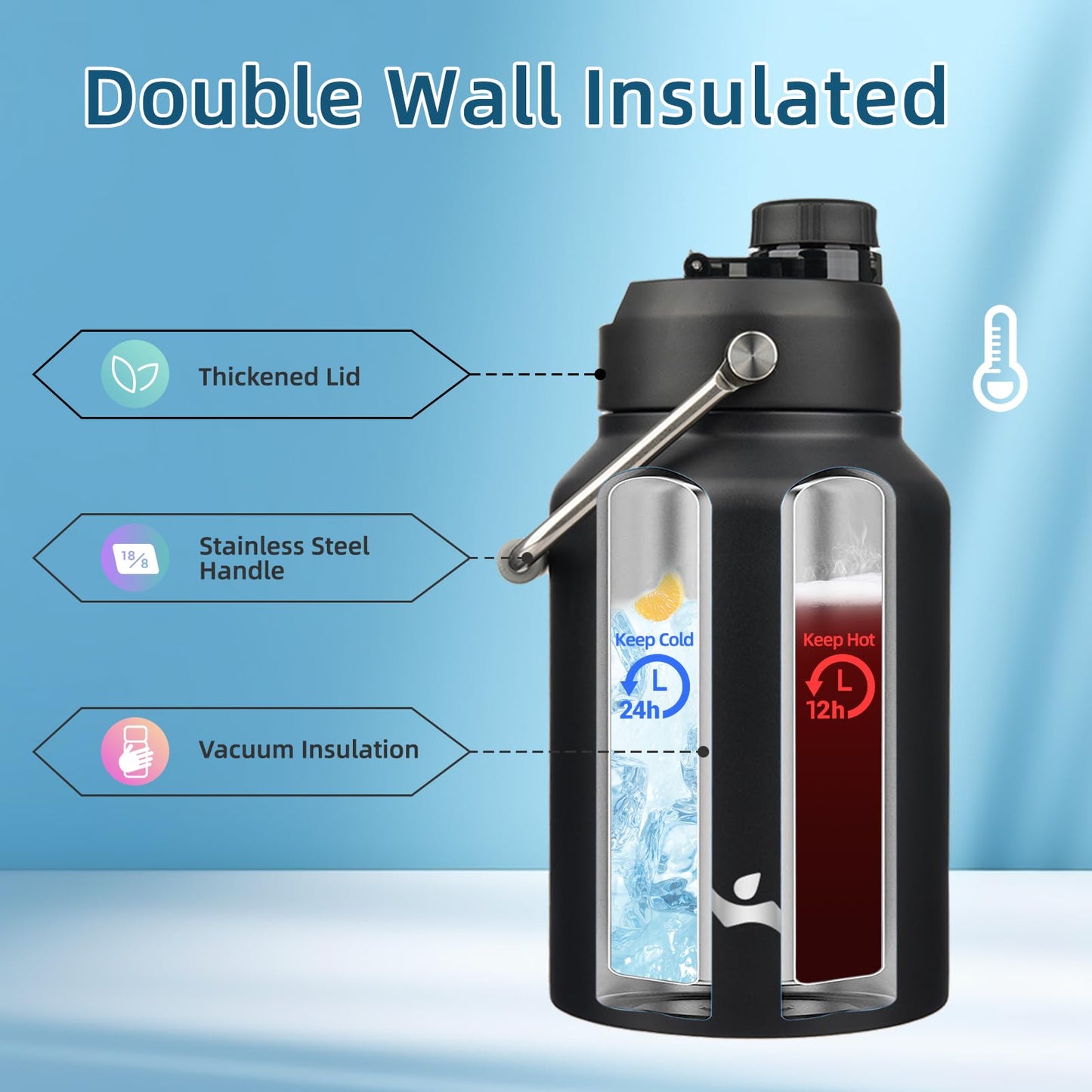 Konokyo Half Gallon Jug with Handle,64 oz Insulated Water Bottle with Carrying Pouch,Double Wall Vacuum Stainless Steel Metal Bottle,Black