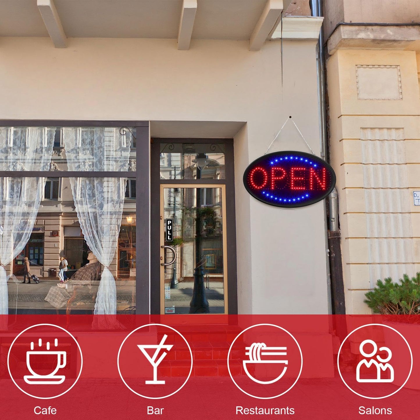 Kanayu 3 Pcs Closed Open LED Neon Sign and Push Pull Stickers Sign Set 23 x 14 Inch Open Closed Electronic Advertisement Display 5 x 2 Inch Vinyl Push Pull Vertical Decal Self Adhesive for Shop Bar