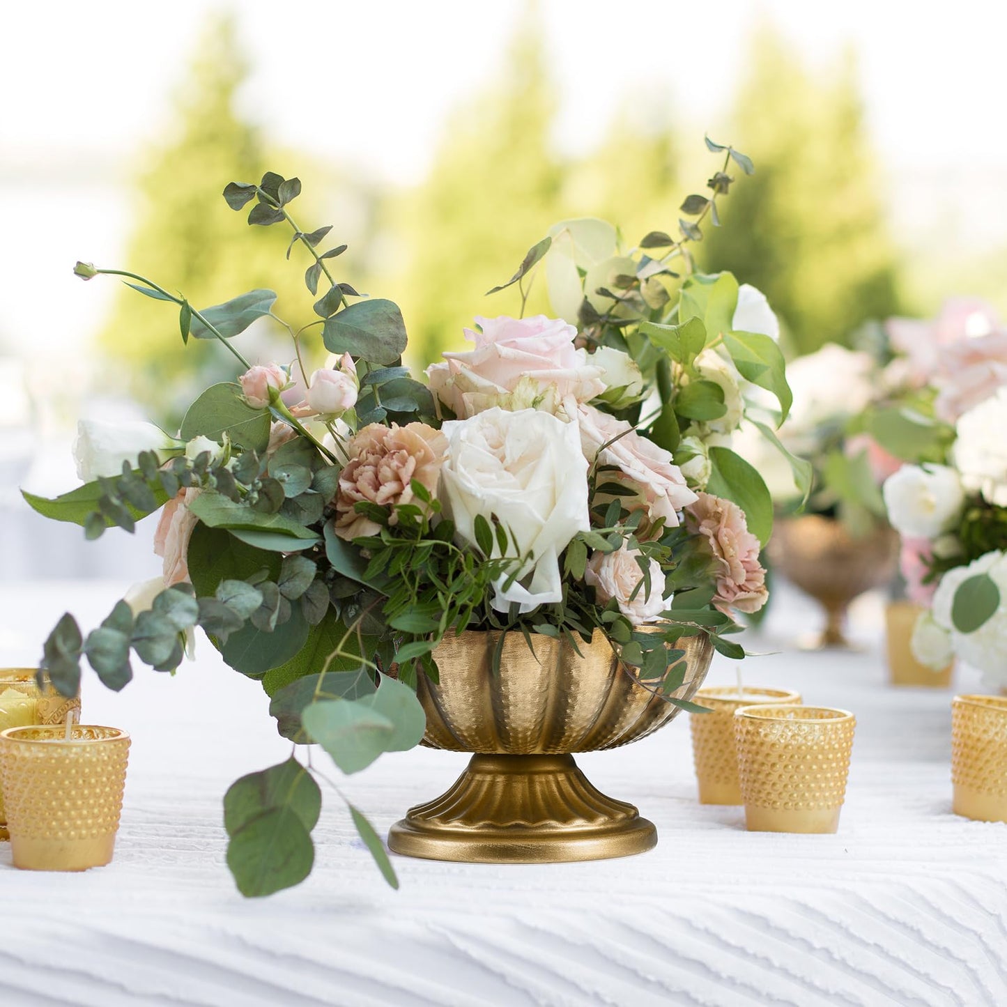 Set of 4, 7'' Wide 3.94'' High Distressed Gold Compote Pedestal Vases, Vintage Antique Urn Gold Flower vases for Centerpieces, Metal Compote Bowl Vase for Wedding Centerpieces